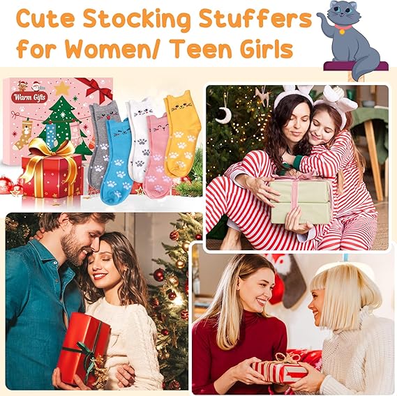 Christmas Gifts for Women Stocking Fillers: 5 Pairs Cotton Cat Socks Womens 4-7, Funny Novelty Animal Warm Socks Lovers Cat Secret Santa Present Christmas Xmas Gifts for Women Her Mum Teenage Girls