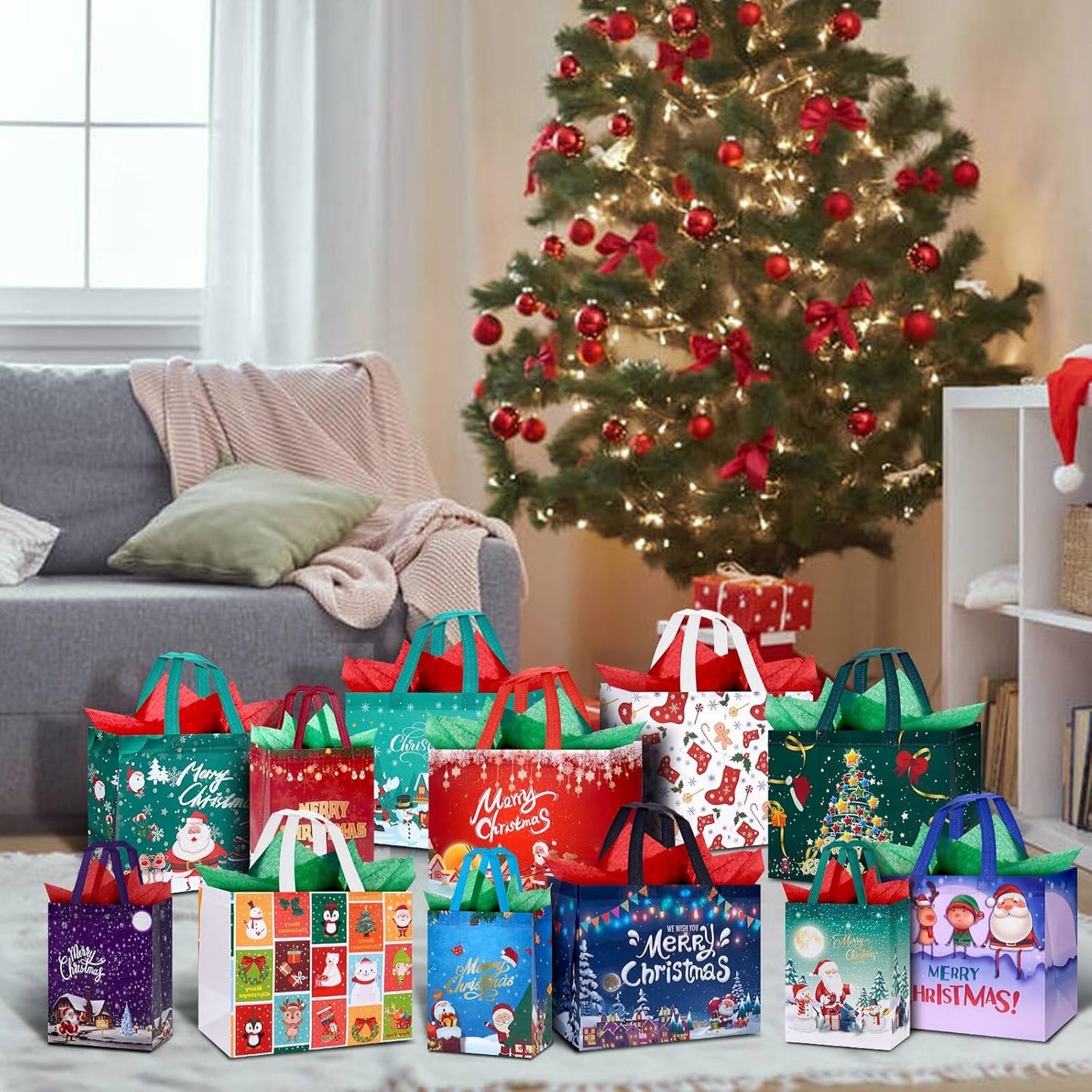 12 Pack Christmas Bags with Tissue Paper, Reusable Tote Bag with Handles Includes 8 Large 13",4 Medium 10" Christmas Treat Shopping Bags, Xmas Party Favor Bags Decorations