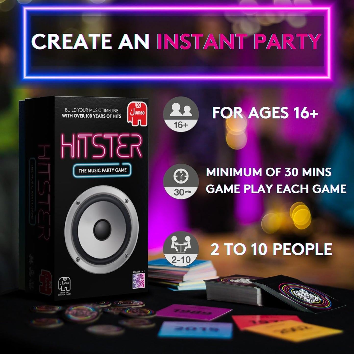 Hitster - The Music Party Board Game, Card Game, Fun Music Quiz Game, 2-10 Players - 300+ Iconic Music Hits - Great For Game Nights, Date Nights, Parties, Adult and Family Games - Jumbo (UK Edition)