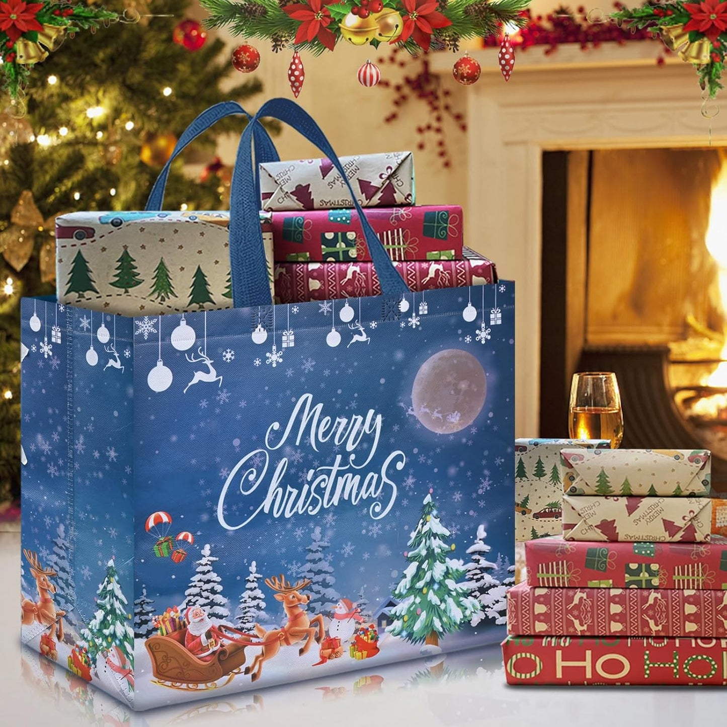 AhfuLife Extra Large Christmas Bags for Gift, 4pcs Reusable Christmas Tote Bags with Handles, Multipack Non-woven Christmas Treat Shopping Bags, Xmas Gift Party Favor Bags Decoration, 40 x 36 x 15cm