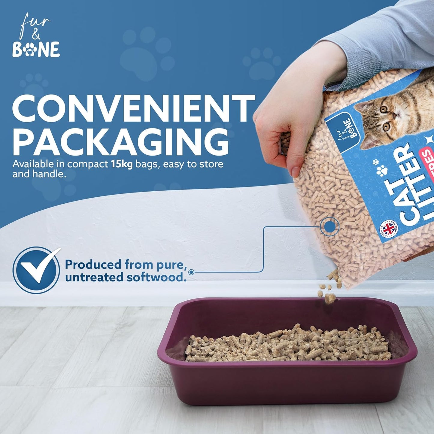 Fur & Bone 1 x 30L Cat Litter - Ultra Absorbent Biodegradable Wooden Pellets, Natural Scent, Odour Control, Soft Bedding for Comfort, Made from Virgin Wood - Scandinavian Timber Aroma