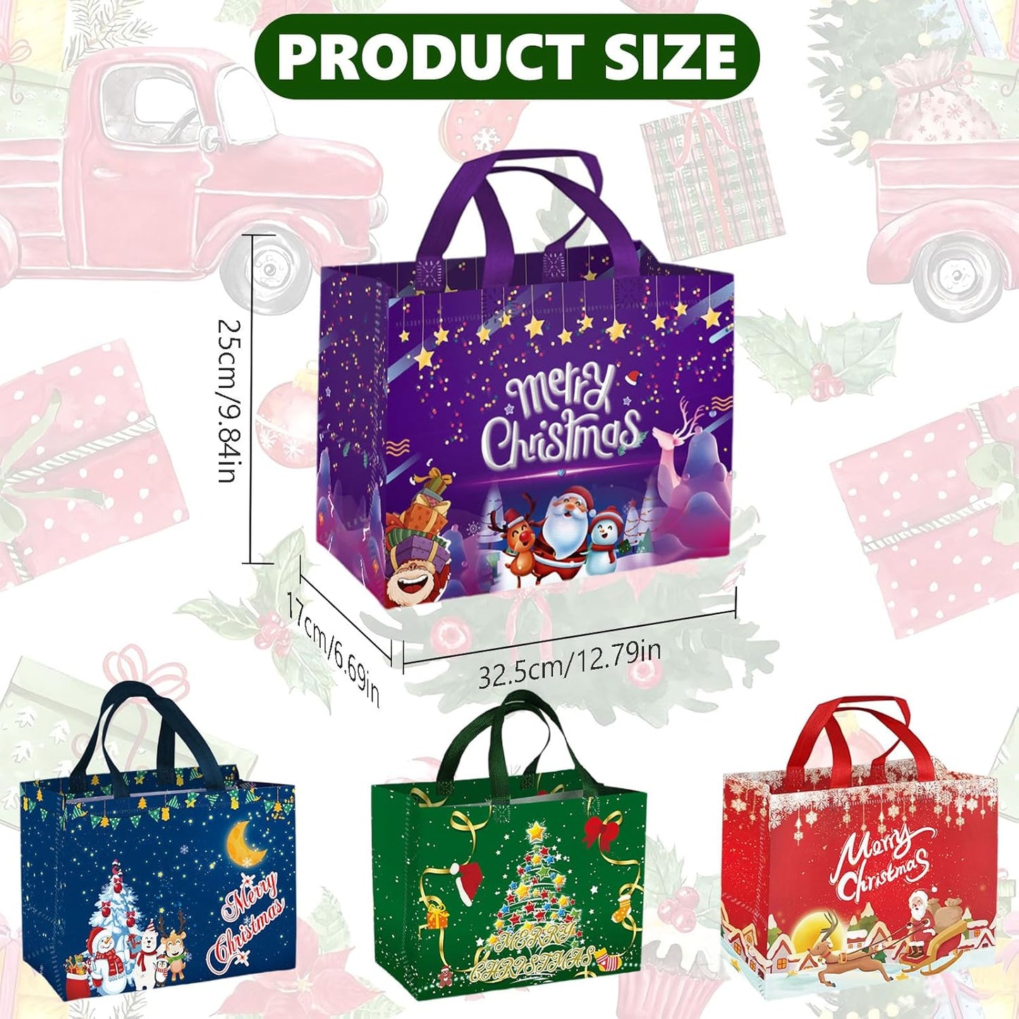 4PCS Christmas Bags for Gifts, Tote Bag with Handles, Christmas Treat Bags, Xmas Party Supplies