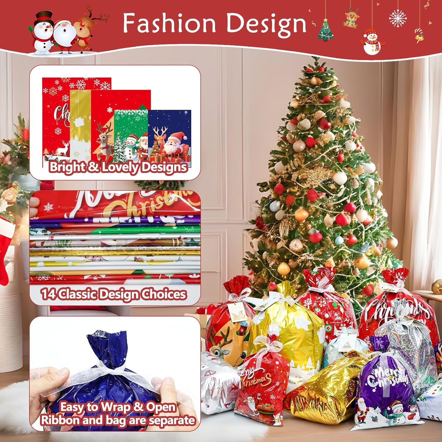 Koncci 30 Pcs Christmas Wrapping Gift Bags, 14 Designs Ribbon Xmas Gift Bags, 4 Sizes Christmas Bags with 30 Pcs Xmas Greeting Cards for Presents, Party, Holiday, Birthday