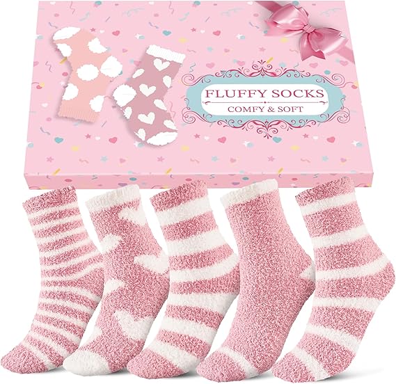 Niorasen Fluffy Socks Womens with Gift Box, Cosy Bed Socks for Women, Warm&Comfy Fuzzy Sock, Christmas Gifts for Women Ladies Girls, 5 Pairs, 3-8