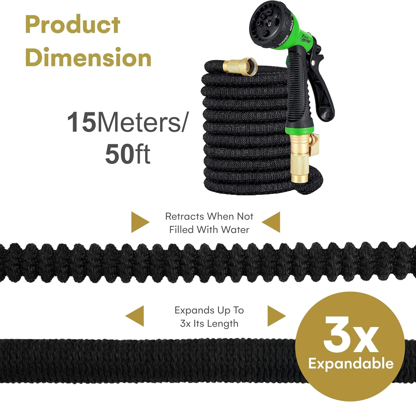 Flexi Hose Expandable Garden Hose - 50FT Heavy Duty Water Hose, Retractable Hose with 2cm Brass Fittings - Expandable Hose Design Includes Spray Nozzle (Black 15 Metres)