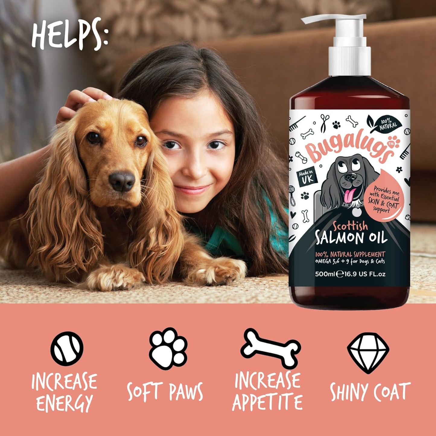 Bugalugs Scottish Salmon Oil For Dogs & Cats, Dog Supplement Support for Skin And Coat, Itchy Skin & Moulting, Omega 3 Fish Oil (Salmon, 500ml)