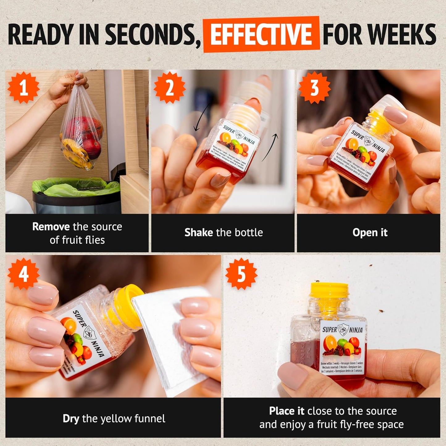 Super Ninja Fruit Fly Trap - 2 pack, Highly Effective Fruit Fly Killer for Home & Kitchen, Up to 3 Weeks of Performance per Bottle, Child & Pet Friendly