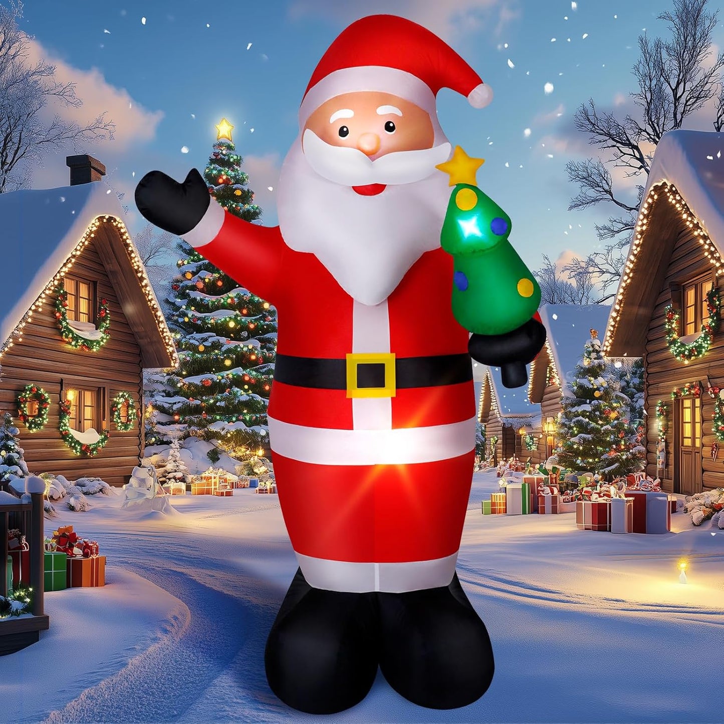 Wothfav 8FT Christmas Inflatable Santa Outdoor Decorations, Blow Up Santa Claus with Holding Xmas Tree, Built-in LED Lights for Holiday Indoor Outdoor Party Yard Lawn Garden Decoration