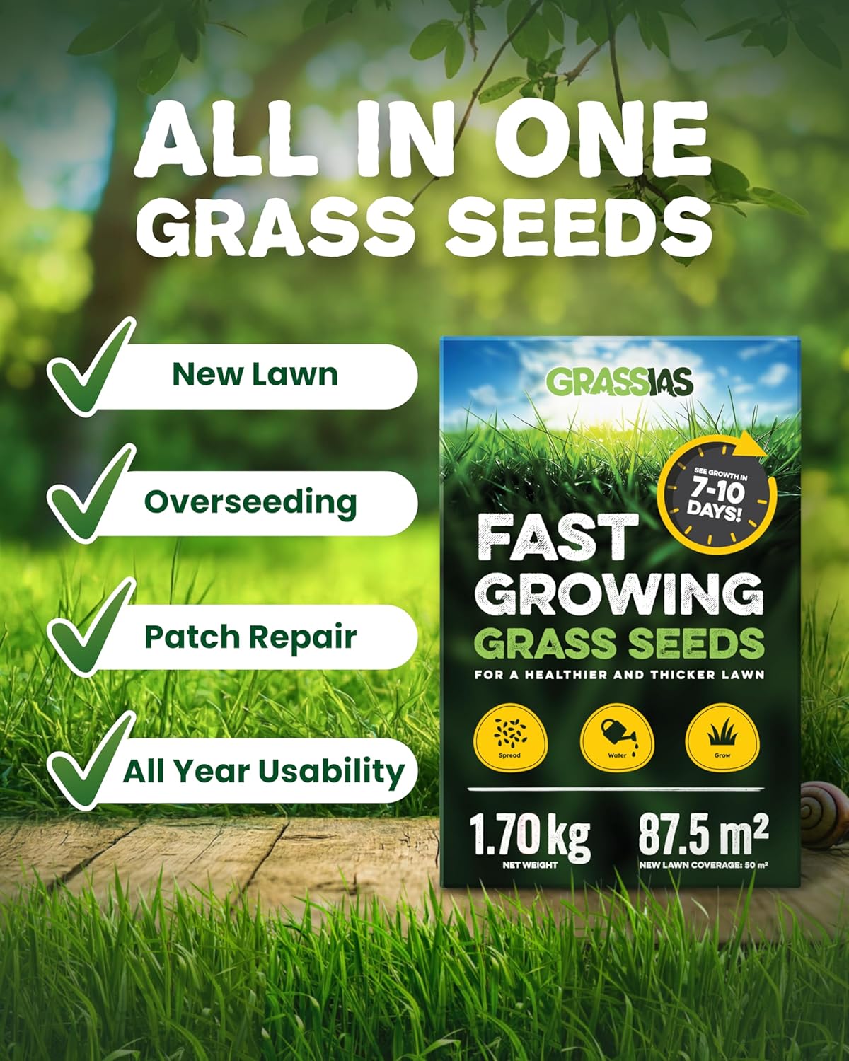 Grassias Fast Growing Grass Seed – 1.70KG Premium Quality Lawn Seed for Overseeding & New Lawns – Hard Wearing & Pet Friendly - Perfect for UK Lawns - Winter & Defra Approved