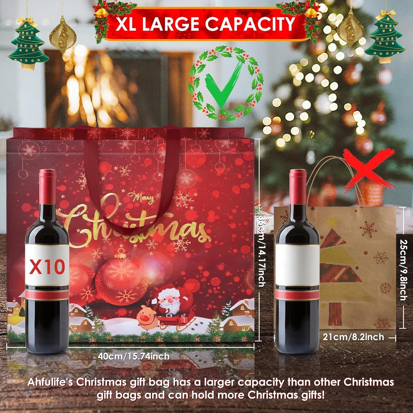 AhfuLife Extra Large Christmas Bags for Gift, 4pcs Reusable Christmas Tote Bags with Handles, Multipack Non-woven Christmas Treat Shopping Bags, Xmas Gift Party Favor Bags Decoration, 40 x 36 x 15cm