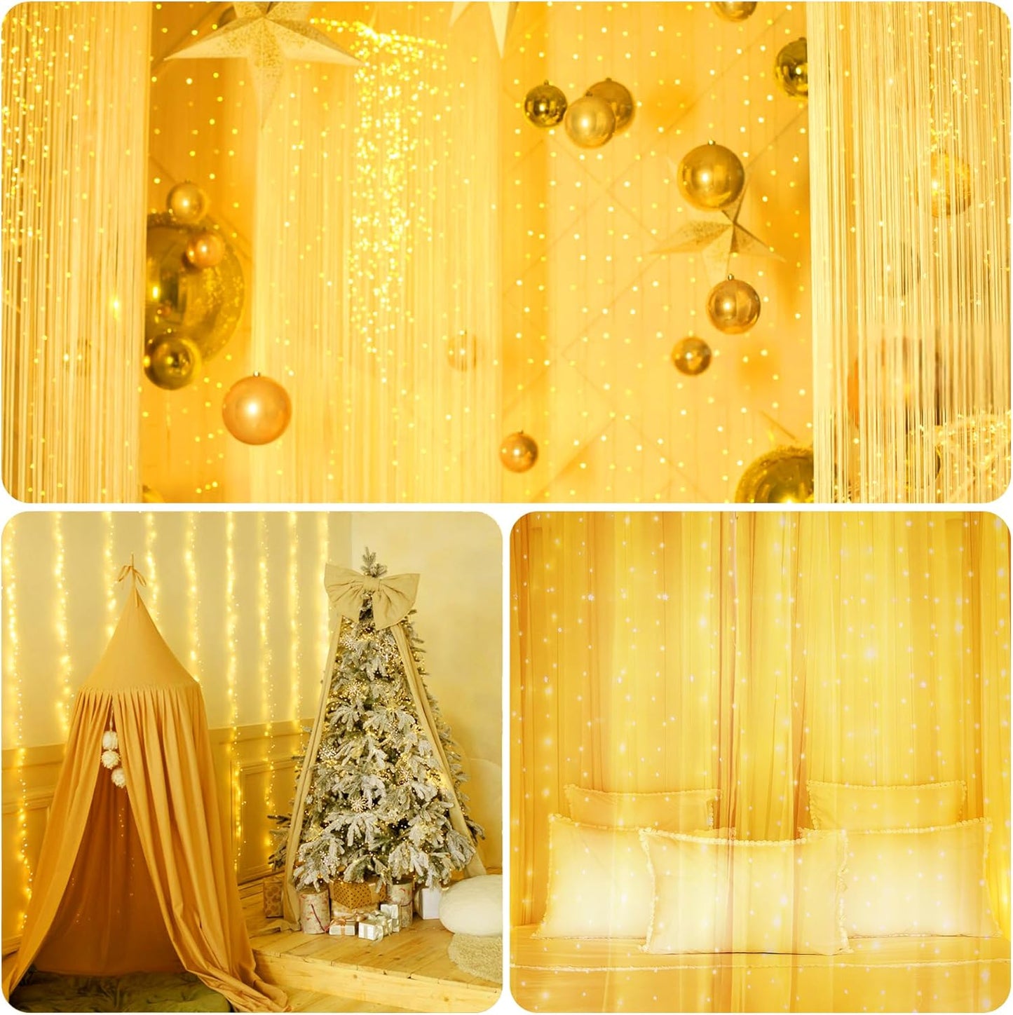 Vulisox Curtain Fairy Lights Indoor, 3mx3m 300LED Curtain Light USB Powered Waterproof String Lights 8 Mode Remote Control Timer, Fairy Lights for Christmas, Garden, Home Decor(Warm White)