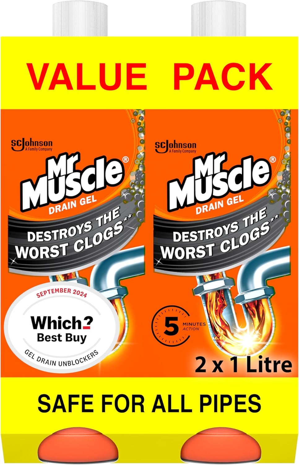 Mr Muscle Drain Unblocker, Sink & Drain Cleaner, Fast Acting Heavy Duty Gel Formula, Dissolves Clogs, Works 3x Better Than Bleach, Safe for All Pipes, Duo Pack, (2 x 1L)