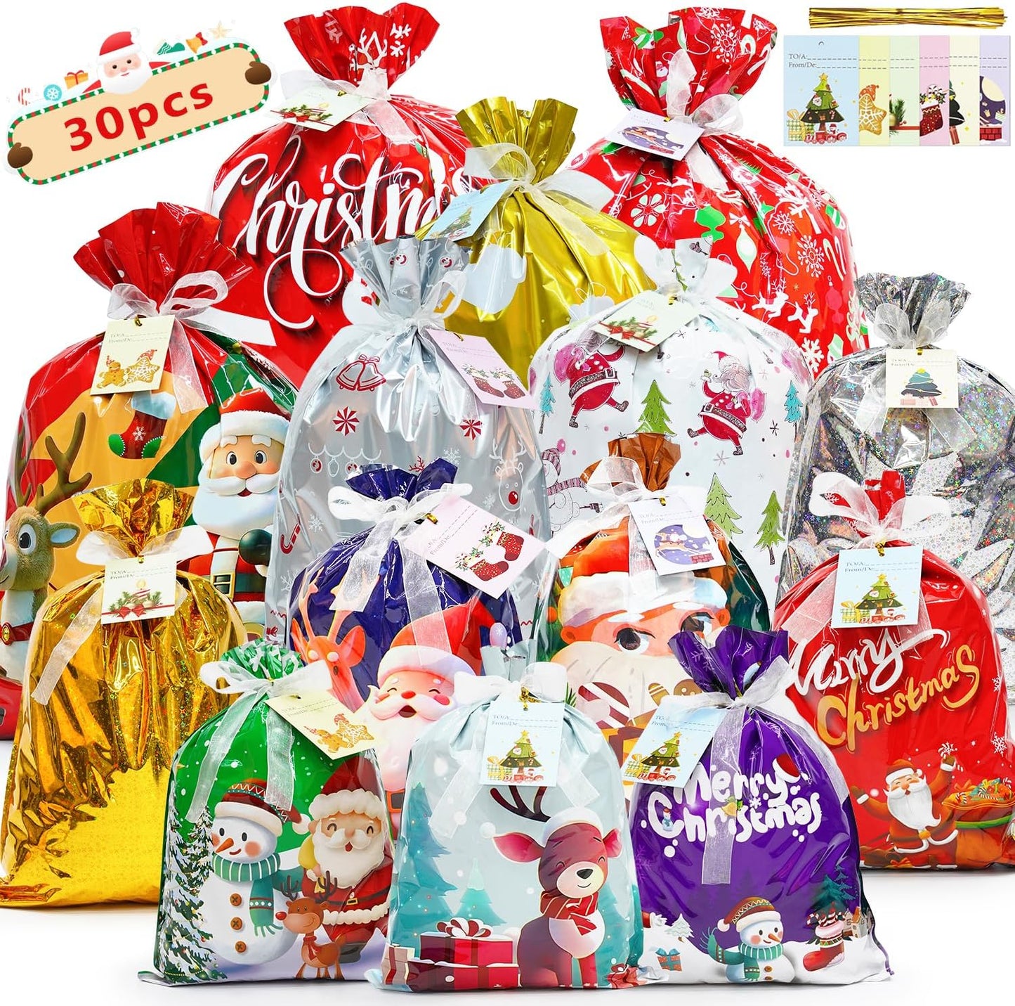 Koncci 30 Pcs Christmas Wrapping Gift Bags, 14 Designs Ribbon Xmas Gift Bags, 4 Sizes Christmas Bags with 30 Pcs Xmas Greeting Cards for Presents, Party, Holiday, Birthday