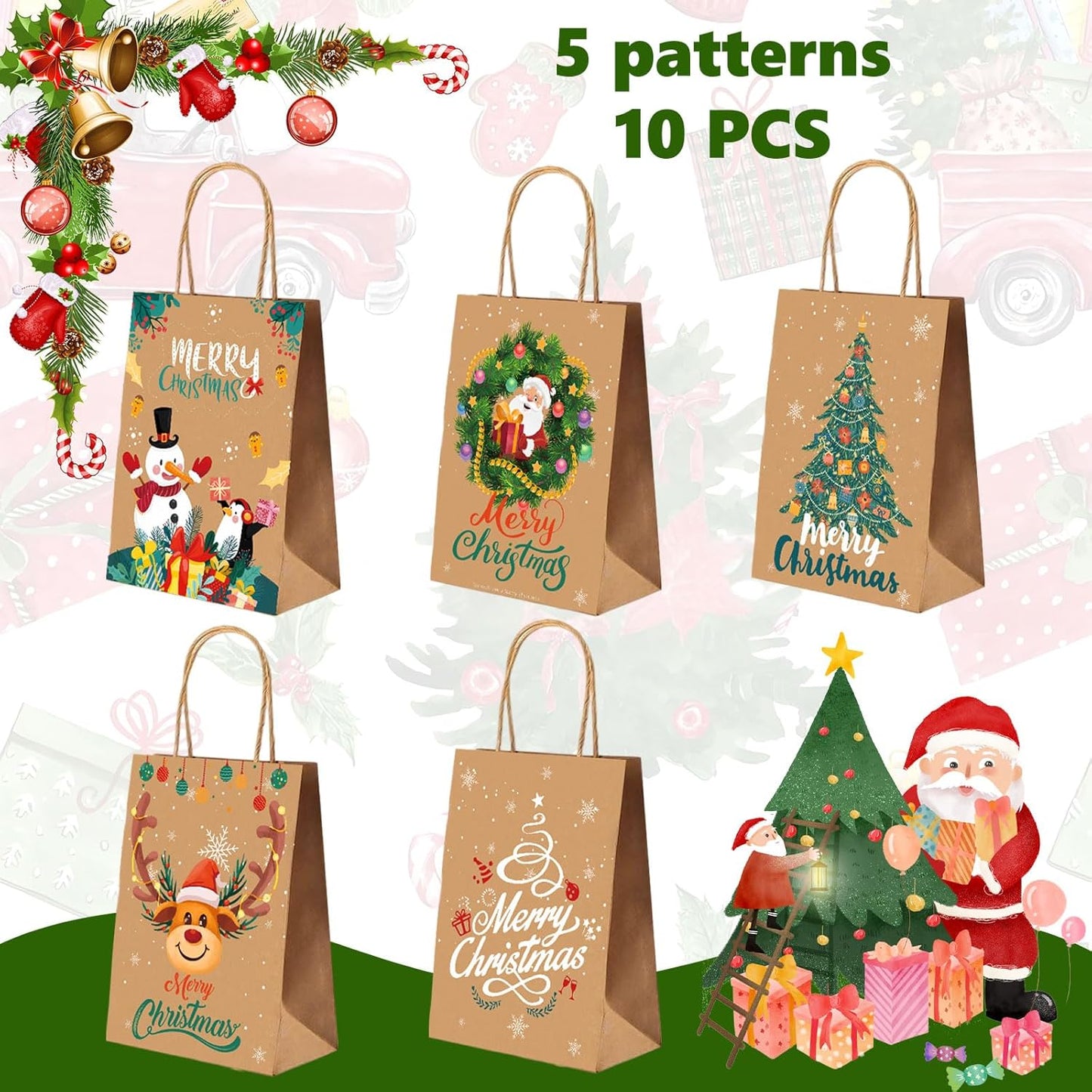 AUXHCYL Christmas Bags Gift Small, 10 Pcs Xmas Bag for Presents, 5 Style Kraft Paper Gift Bags with Handles, Perfect for Christmas Party Favor Supplies(21 x 15 x 8 cm)