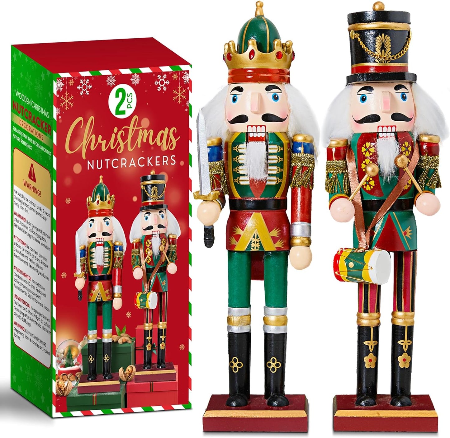REDSTAR 2pc Christmas Nutcracker Soldier 30cm Wooden Nutcracker Christmas Decorations for Fireplace - 2 Pack Wooden Figures Indoor - Xmas