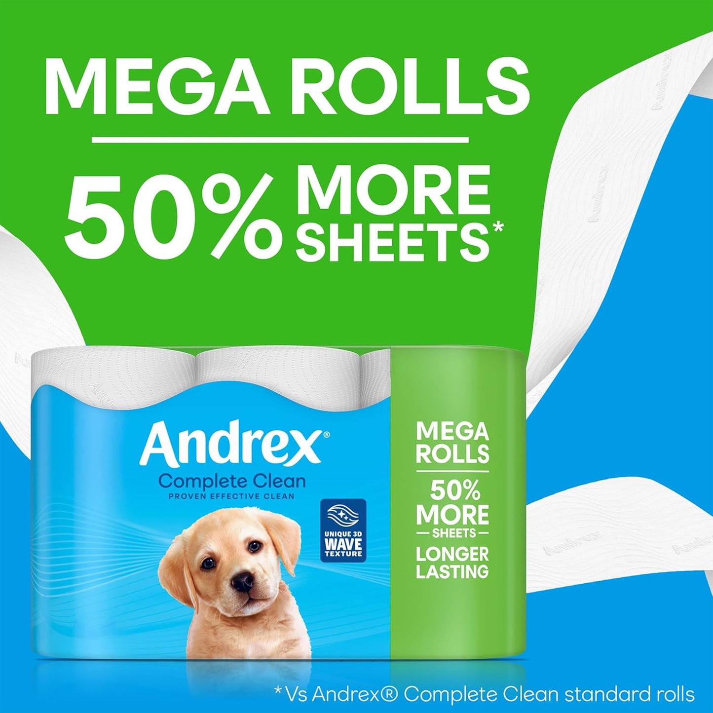 Andrex Complete Clean 12 Mega Toilet Rolls= 18 Standard Toilet Rolls, 50% Longer Lasting Paper with unique 3D Wave Texture for a Proven, Effective Clean, FSC Certified