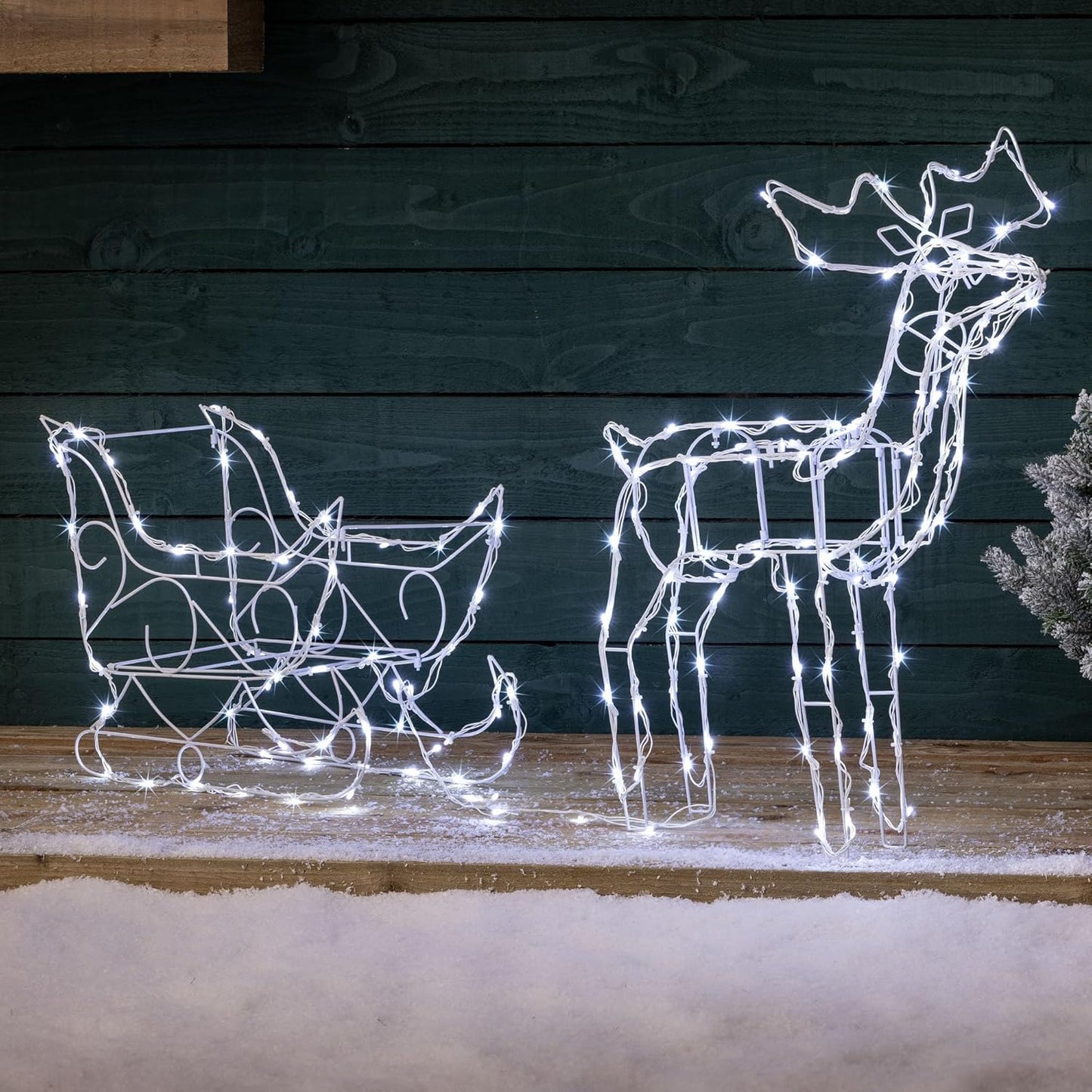 Christow Christmas Reindeer Sleigh Light Up Outdoor Decoration, Energy Efficient LED White Wire Flashing Garden Silhouette, Mains Powered