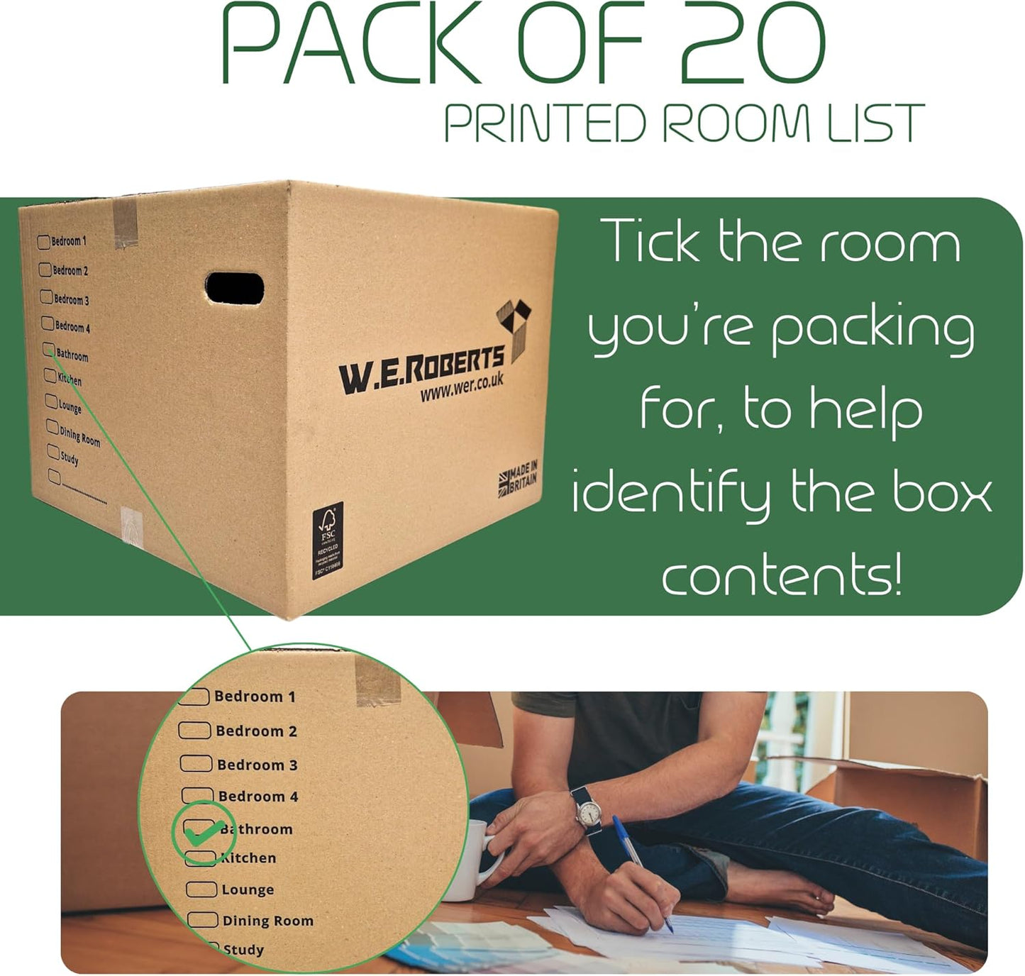 W.E. Roberts 10 Strong Extra Large Cardboard moving Boxes. Packing boxes for moving house with Printed Room List and Carry Handles 52cm x 52cm x 40cm cardboard Boxes