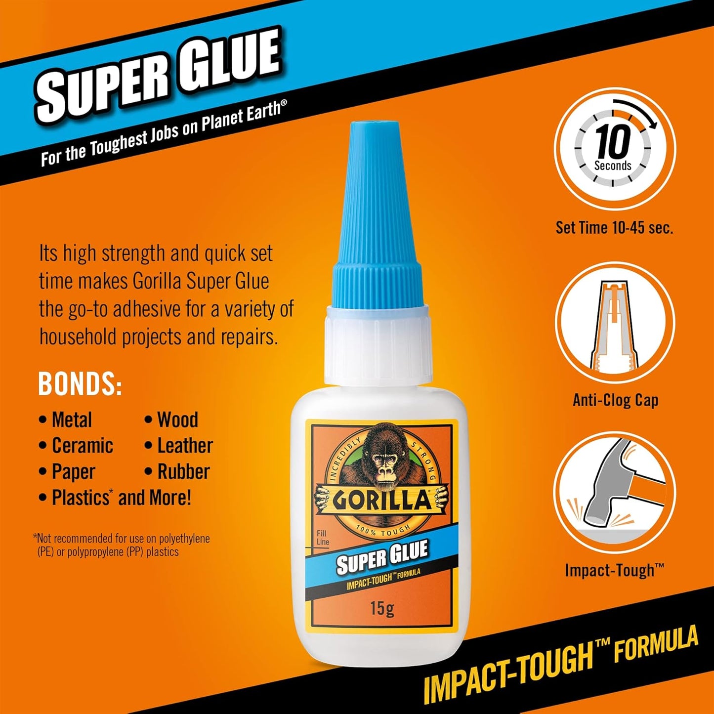 Gorilla Super Glue, 15g – All Purpose, Impact Tough & Fast Setting with Anti-Clog Cap Ideal for Metal, Ceramics, Leather & More