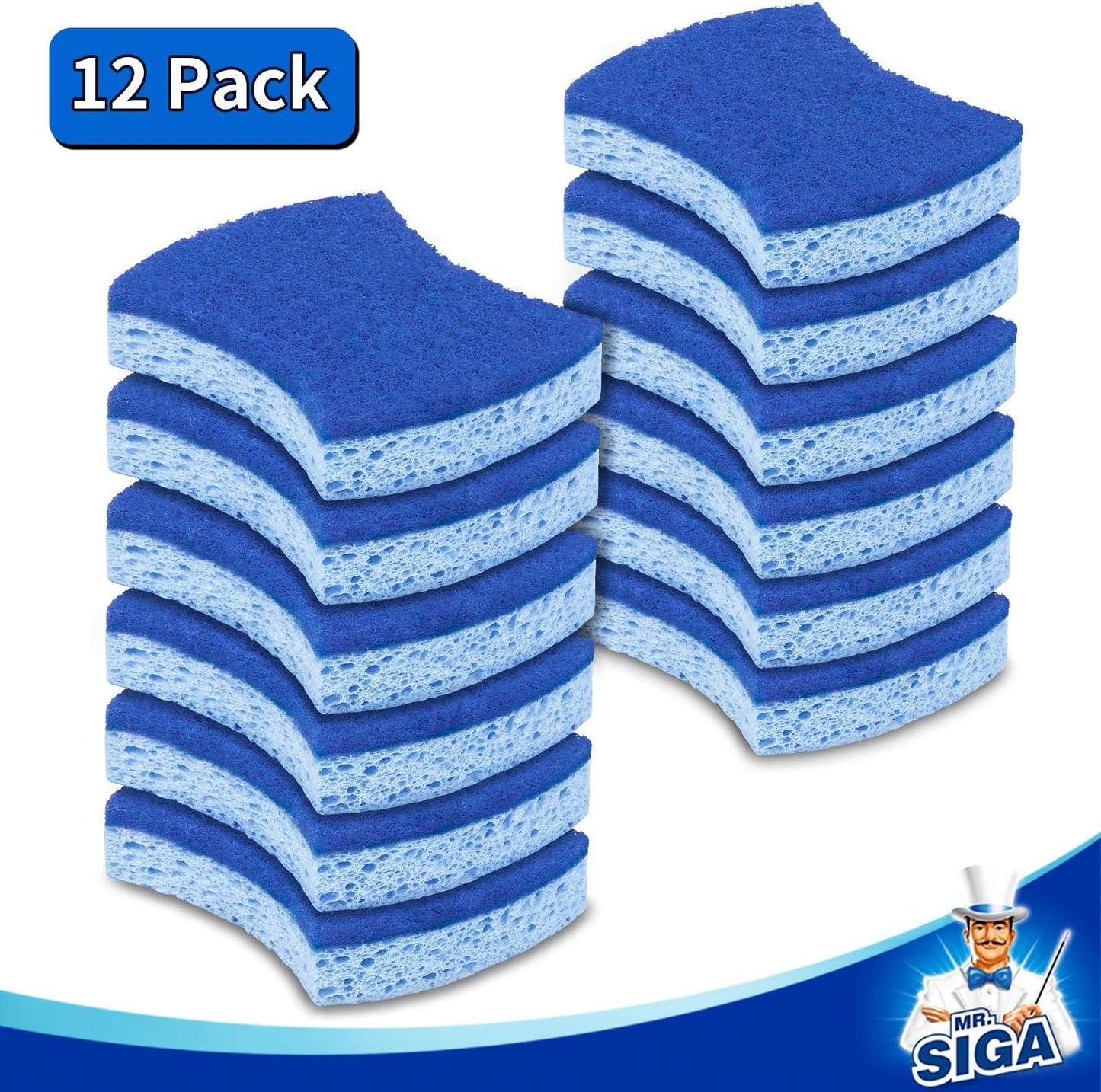 MR.SIGA Non-Scratch Cellulose Scrub Sponge, Dual-Sided Dishwashing Sponge for Kitchen, 12 Pack