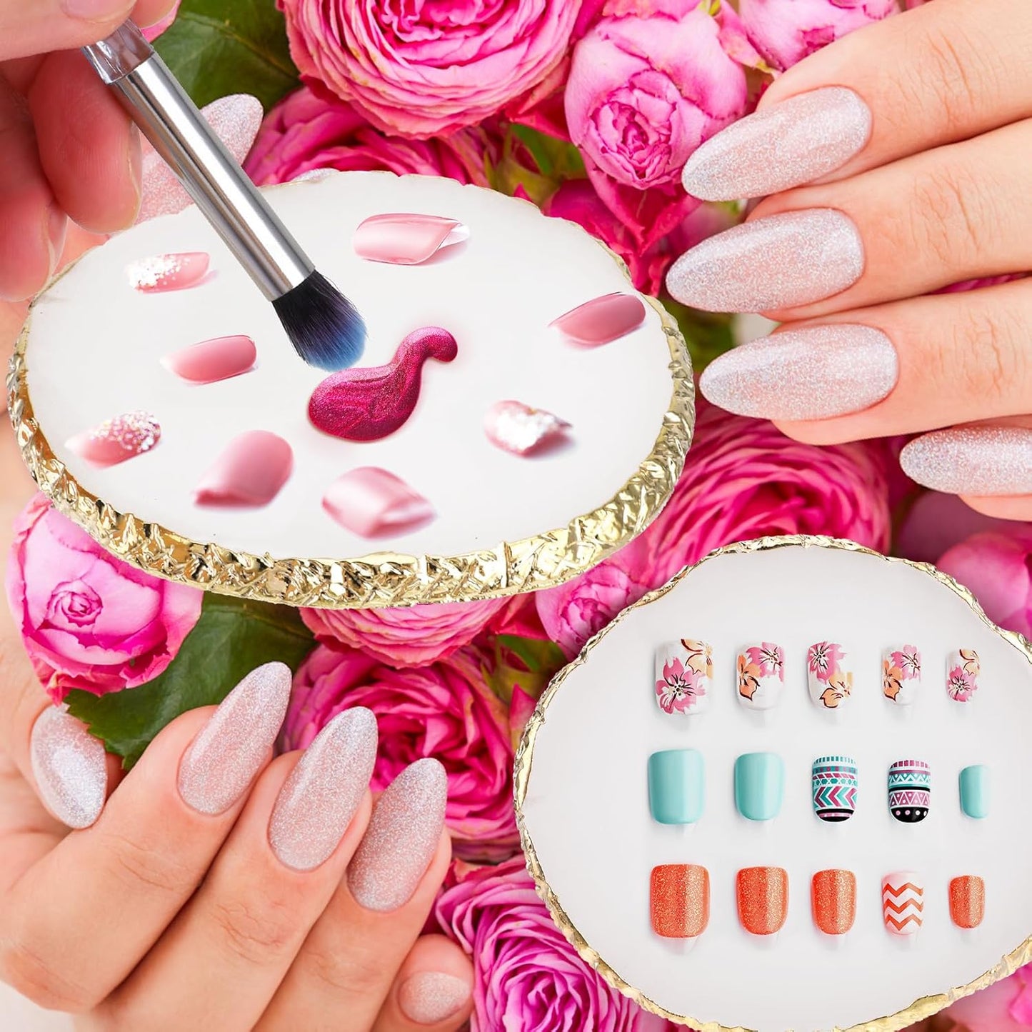 Ouligay Resin Nail Art Palette Gold Nail Colour Display Nail Polish Color Mixing Palette for Diy Nail Tech Supplies (White)