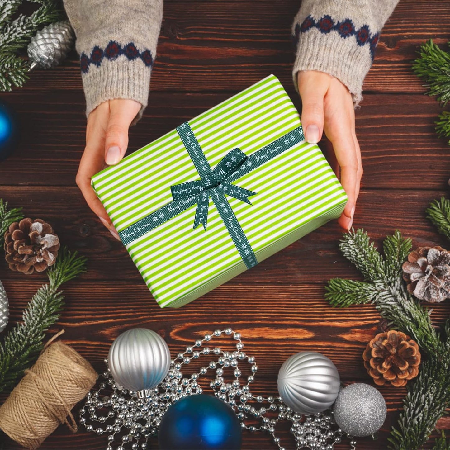 CNMTCCO 2 Rolls 43 Yard Merry Christmas Ribbons Grosgrain Wrapping Rope with Snowflake Pattern for Christmas Favor Party DIY Crafts Package Decor (White Font)