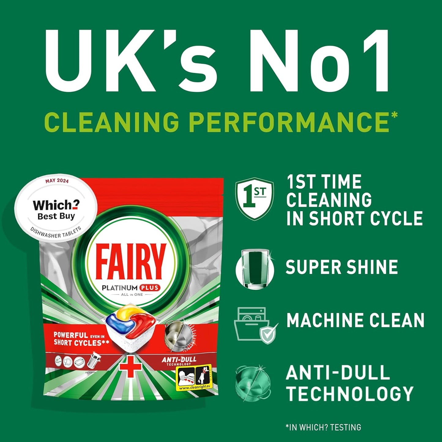 Fairy Platinum Plus All-in-1 Dishwasher Tablets, 125 Pack, Lemon. With anti-dull tech & rinse aid action for a deep clean. Effective in short cycles for sparkling dishes.