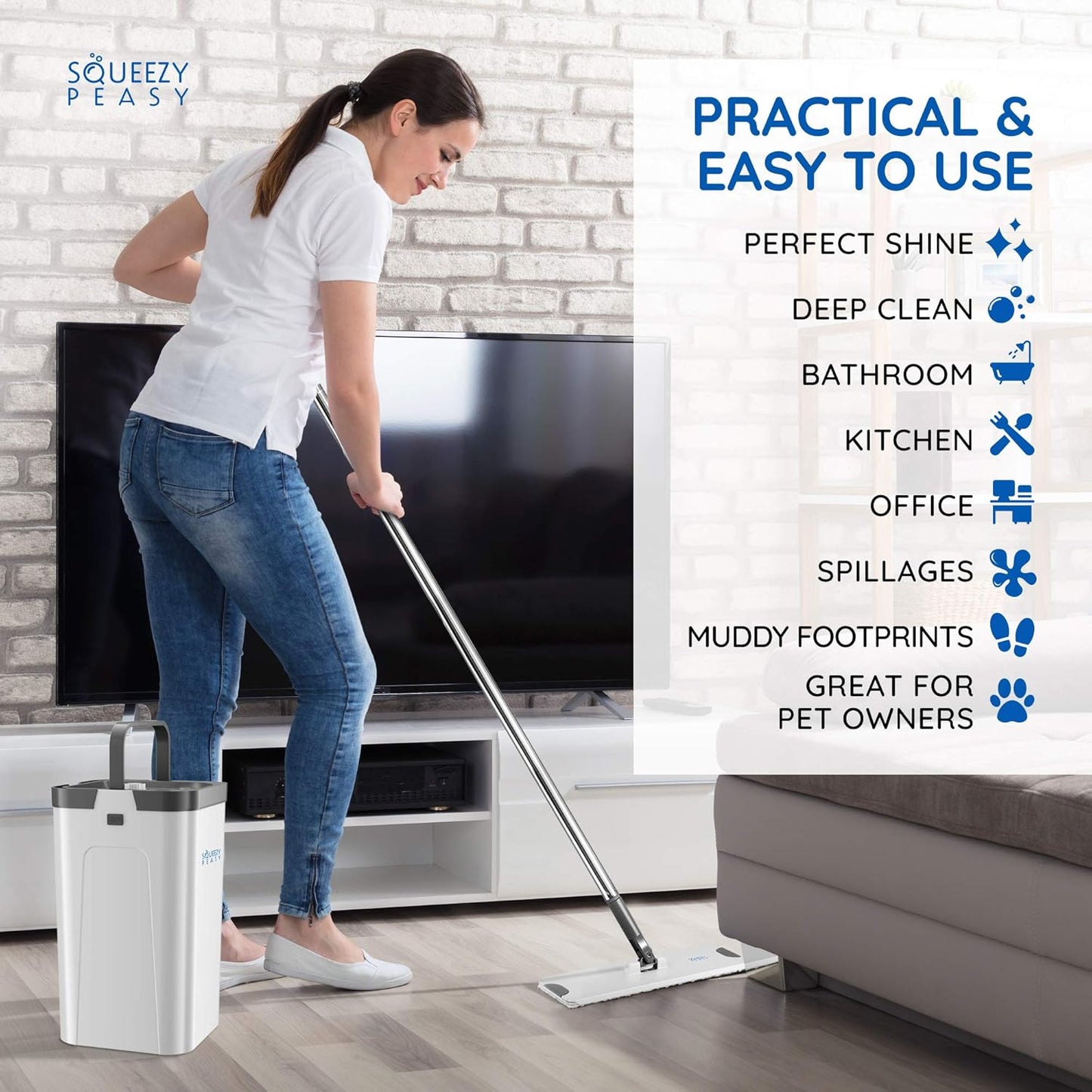 SqueezyPeasy Premium Flat Mop and Bucket Set - Separates Clean & Dirty Water - Compact & Lightweight - 3 Chamber Floor Cleaning System - 360 Rotating Head - 5 Microfibre Reusable Mop Pads Included