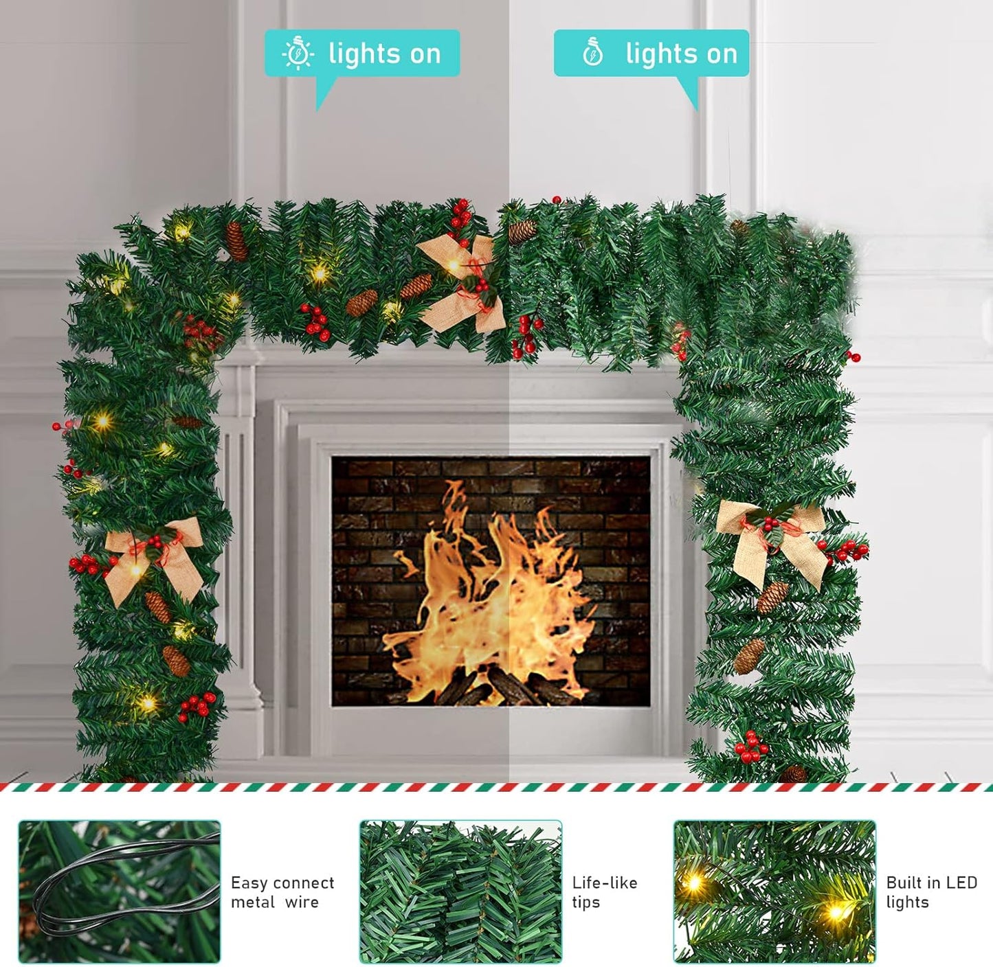 1.8M/6FT Christmas Garland with Lights, Christmas Garlands for Fireplace Stairs Artificial Wreath with 50 LED Lights and Bow Pine Cones Berries for Xmas Tree Front Door Home Holiday Decor