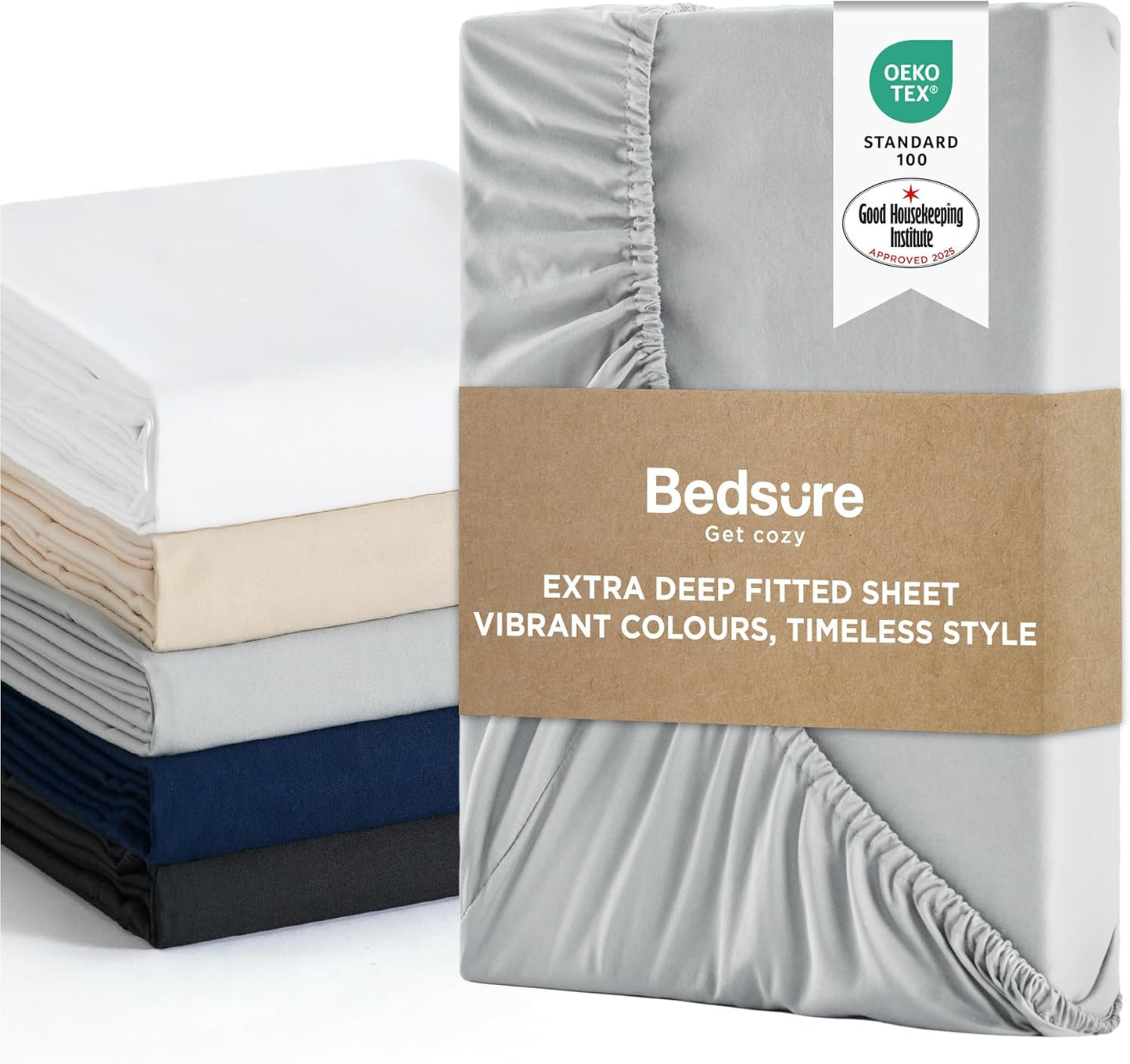 Bedsure Double Fitted Sheet Deep - Bed Sheets Extra Deep Pocket 16 inch (40 cm) made of Soft Brushed Microfiber for Double Bed, Grey, 135x190cm