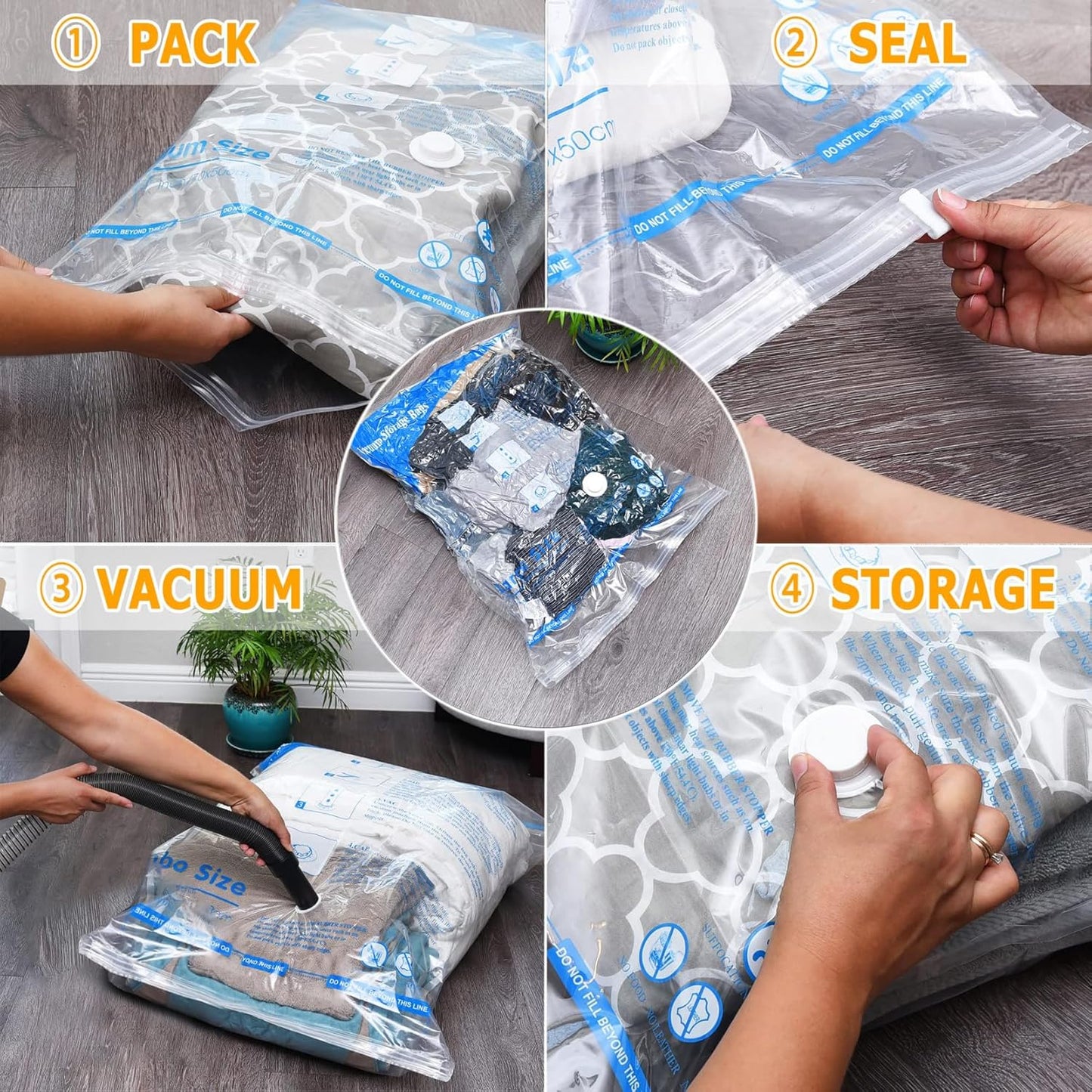 Vacuum Storage Bags 8 Combo (3 Jumbo/3Large/2 Medium), Space Saver Sealer Bags, Airtight Compression Bags for Clothes, Pillows, Comforters, Blankets, Bedding