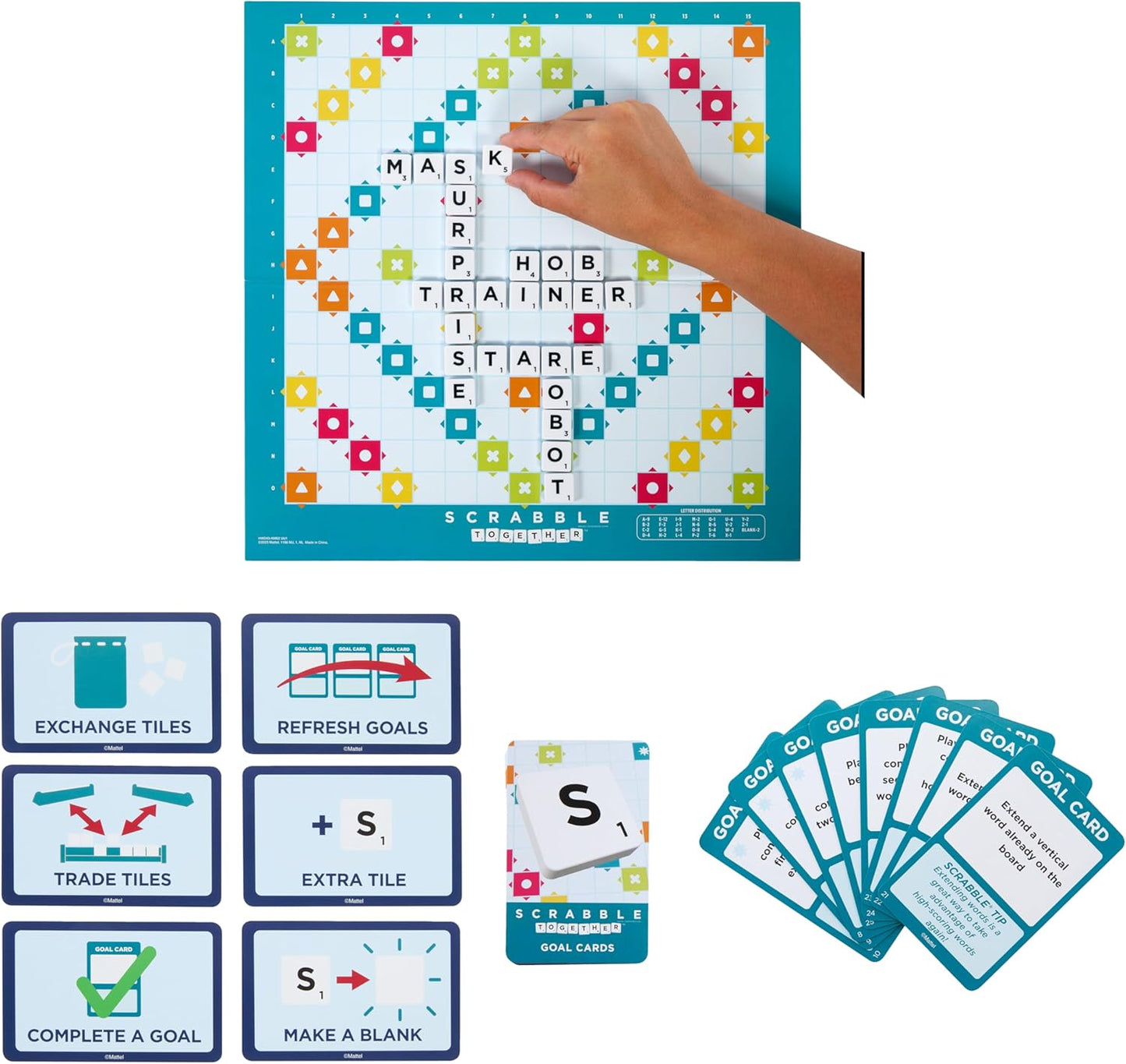 Mattel Games Scrabble Board Game, Family Word Game with Two Ways to Play, includes 50 Goal Cards that Teach Scrabble Basics for 2-4 Players, UK Version, HWD43
