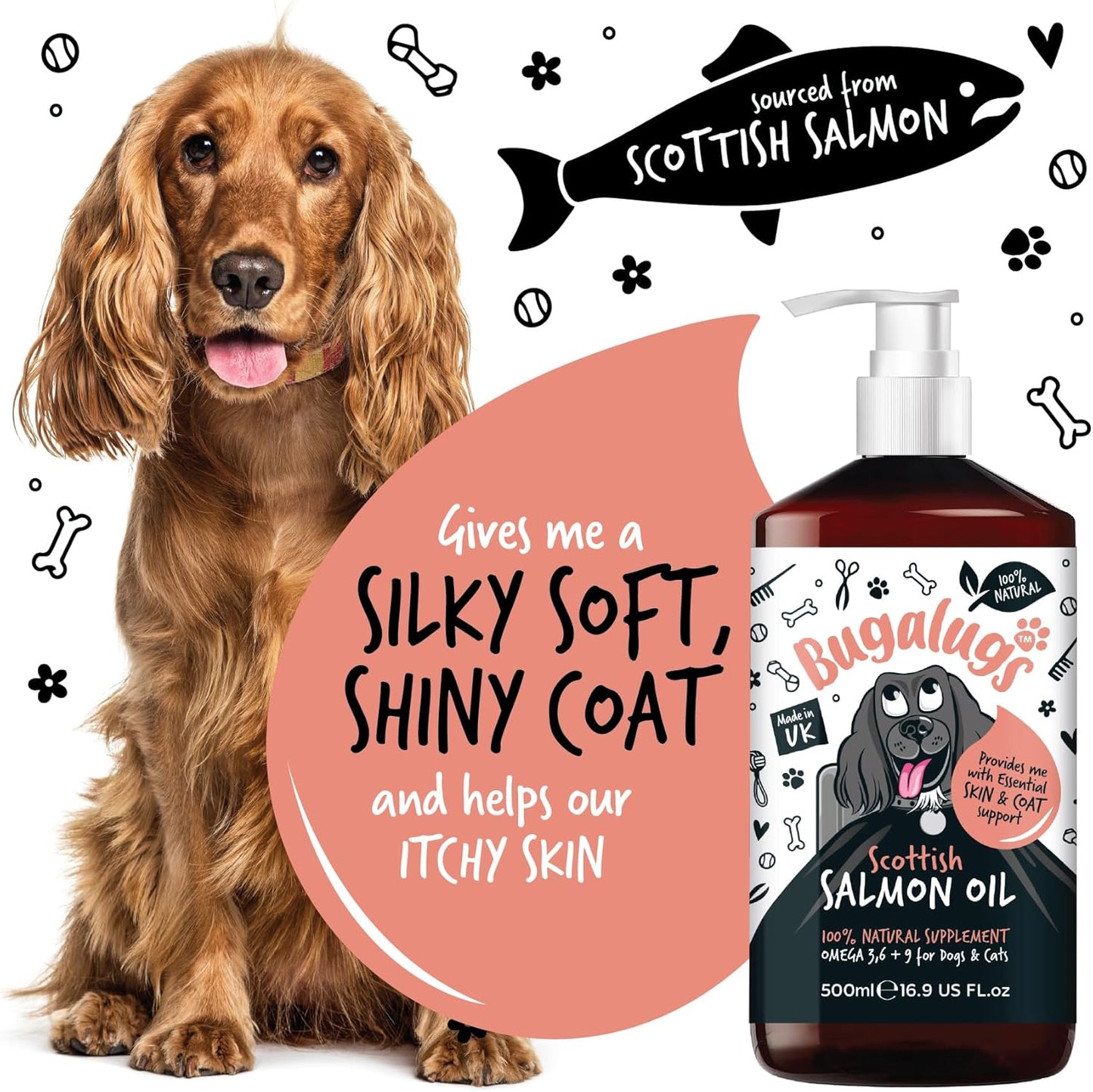 Bugalugs Scottish Salmon Oil For Dogs & Cats, Dog Supplement Support for Skin And Coat, Itchy Skin & Moulting, Omega 3 Fish Oil (Salmon, 500ml)