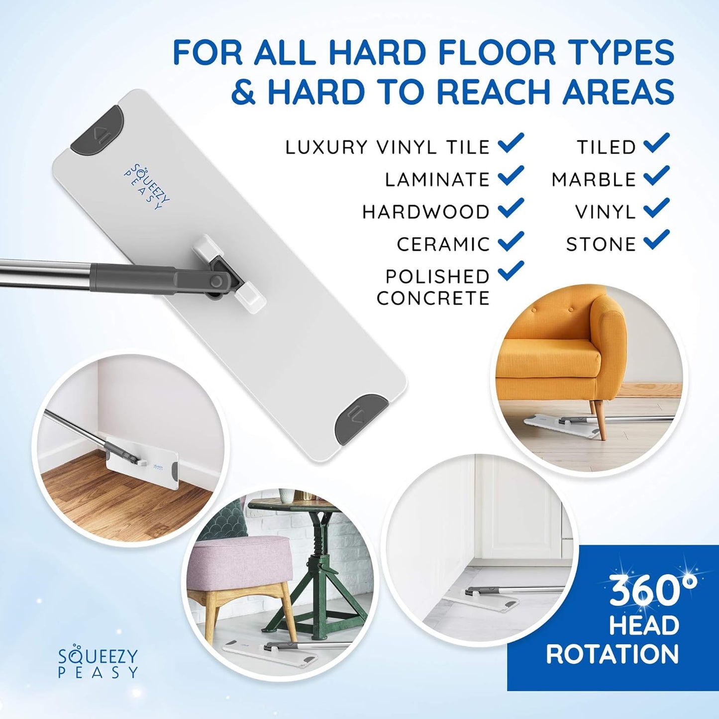 SqueezyPeasy Premium Flat Mop and Bucket Set - Separates Clean & Dirty Water - Compact & Lightweight - 3 Chamber Floor Cleaning System - 360 Rotating Head - 5 Microfibre Reusable Mop Pads Included