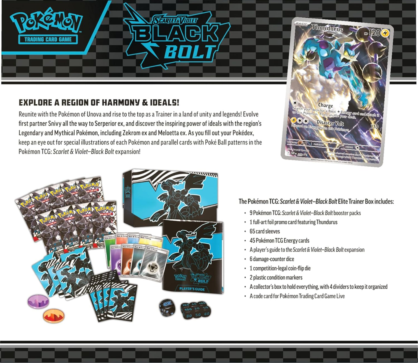 Pokémon TCG: Scarlet & Violet—Black Bolt Elite Trainer Box – Zekrom (1 Full-Art Thundurus Promo Card, 9 Boosters & Premium Accessories)