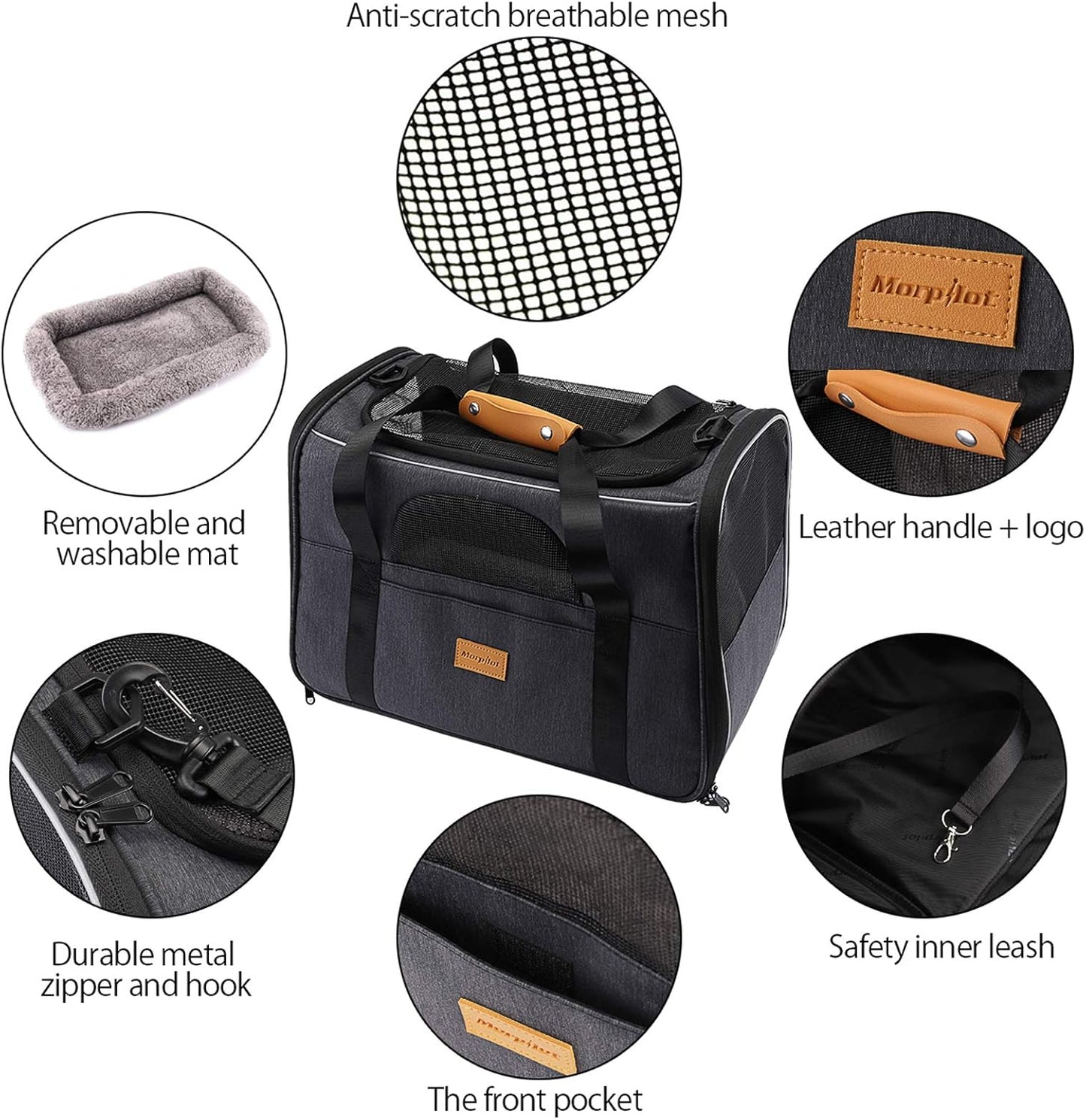 Morpilot Portable Pet Carrier Bag, Top Opening, Removable Mat and Breathable Mesh, Foldable Transport Carrier for Dogs and Cats, with Shoulder Strap and Pet Bowl, Grey