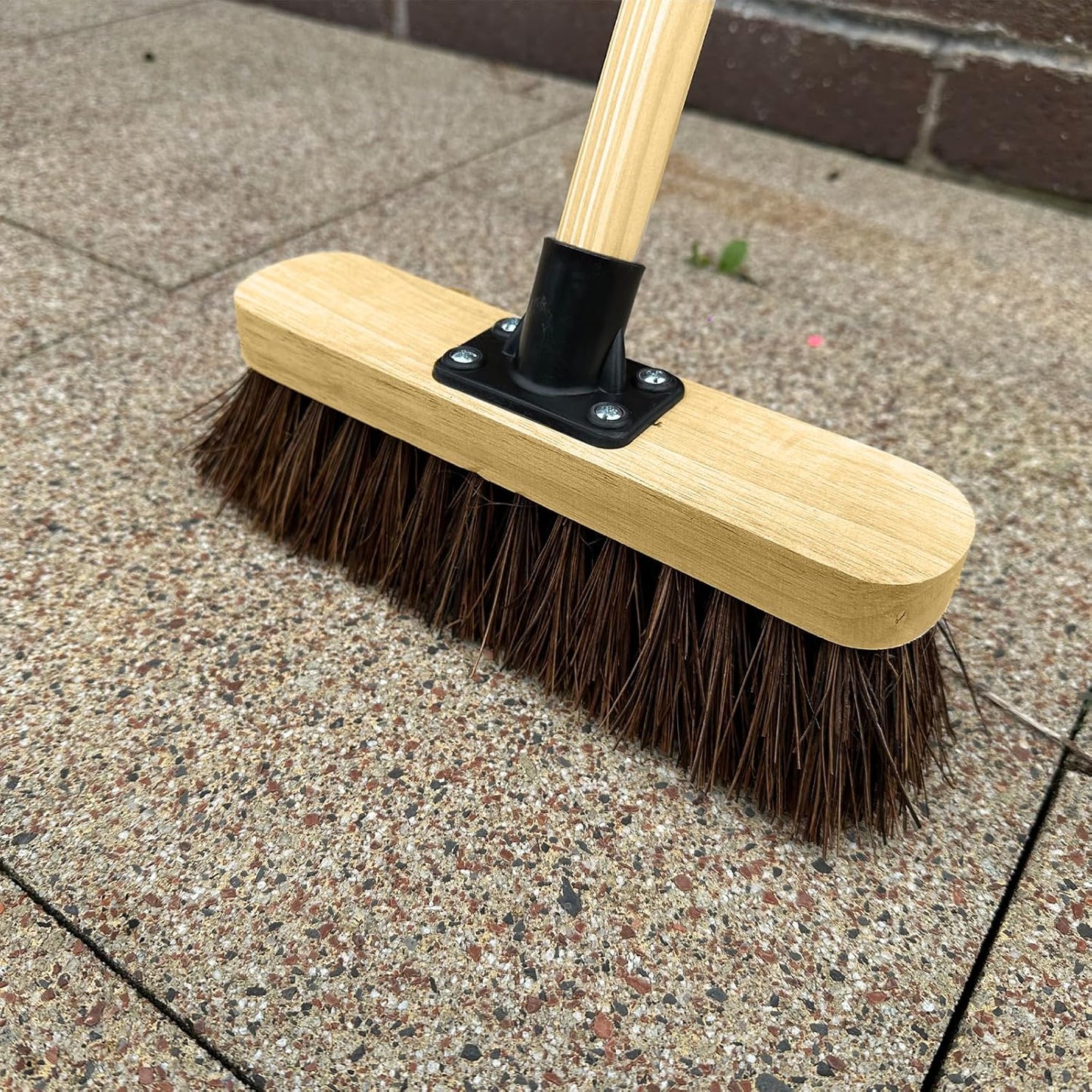 10” Outdoor Garden Broom with Wooden Handle Natural Stiff Bassine Hard Bristle with Durable Support Bracket Yard Brush Heavy Duty Broom Outdoor Cleaning Sweeping (PACK OF 1)