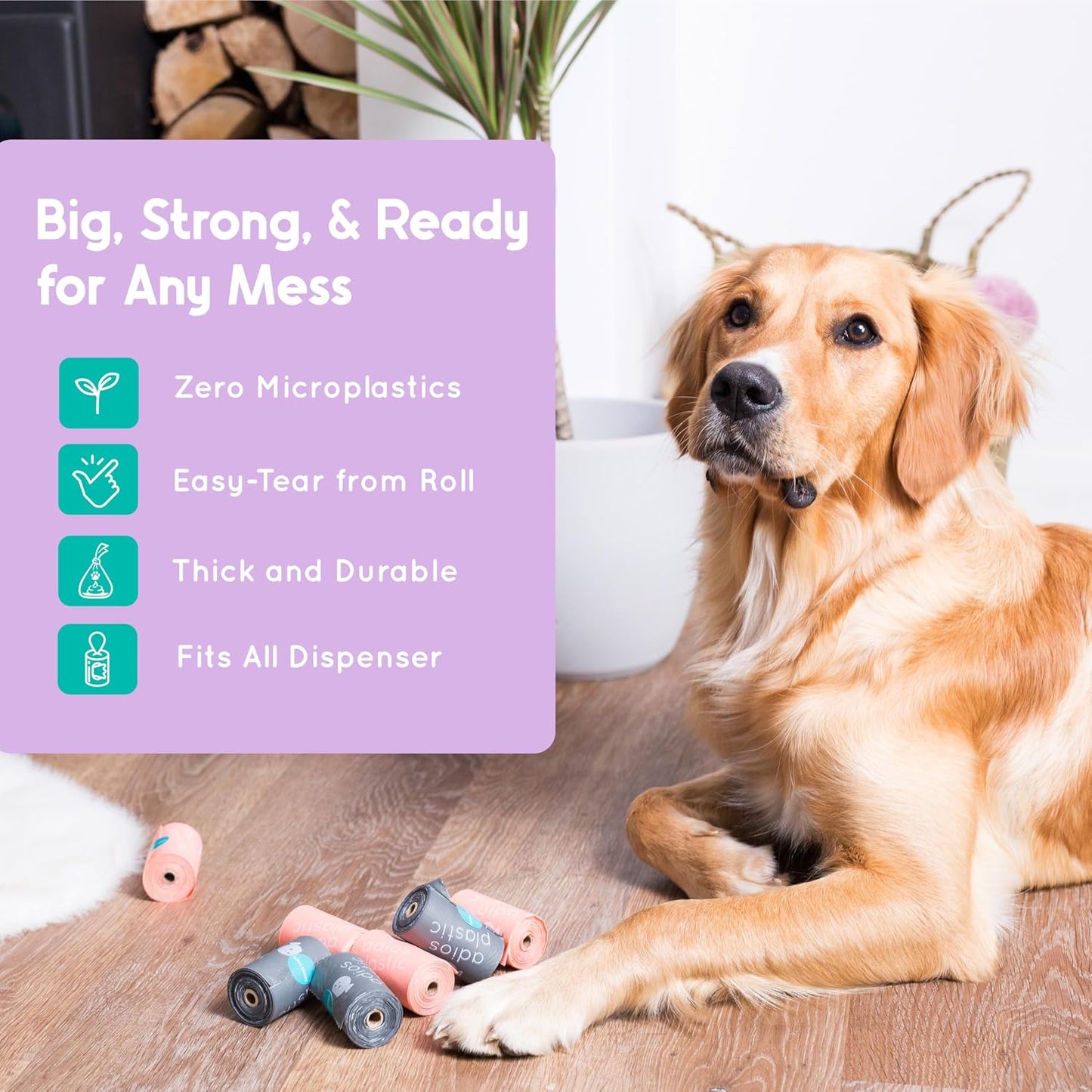 Adios - Compostable Dog Poop Bags, 120 Count (8 Rolls) - Rainbow Colours - Extra Thick, Leakproof, Odour Proof Dog Waste Bags - Made from Compostable Cornstarch - Easy Tear Rolls