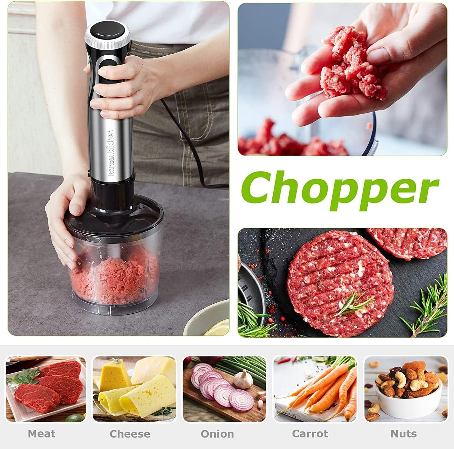 Bonsenkitchen Stainless Steel Hand Blender, 4-in-1 Stick Blender 1000W, 20 Speed Adjustable, with Whisk, 500ml Chopper and 700ml Measuring Cup, Food Processor