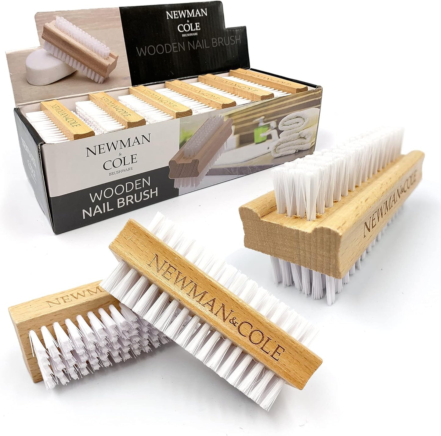 Wooden Nail Brush, Double-Sided Nail Scrubbing Brush with Firm Plastic Bristles (Set of 3)