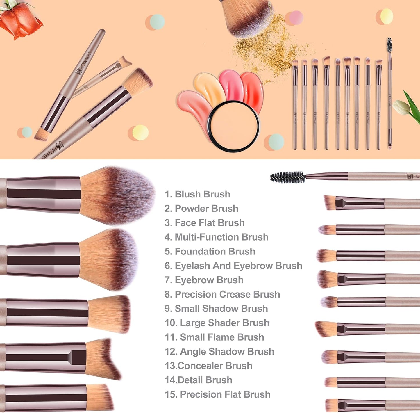 HEYMKGO Makeup Brushes, 15 Pcs Make Up Brushes Set Professional Champagne Gold Makeup Brush Pack, Foundation Blending Powder Blush Concealers Eyeshadow Eyeliner Make-up Brush Kits with Cosmetics Bag