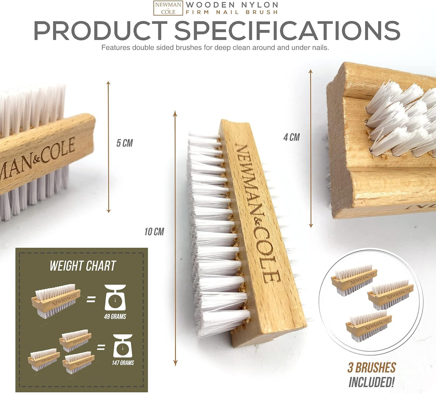 Wooden Nail Brush, Double-Sided Nail Scrubbing Brush with Firm Plastic Bristles (Set of 3)