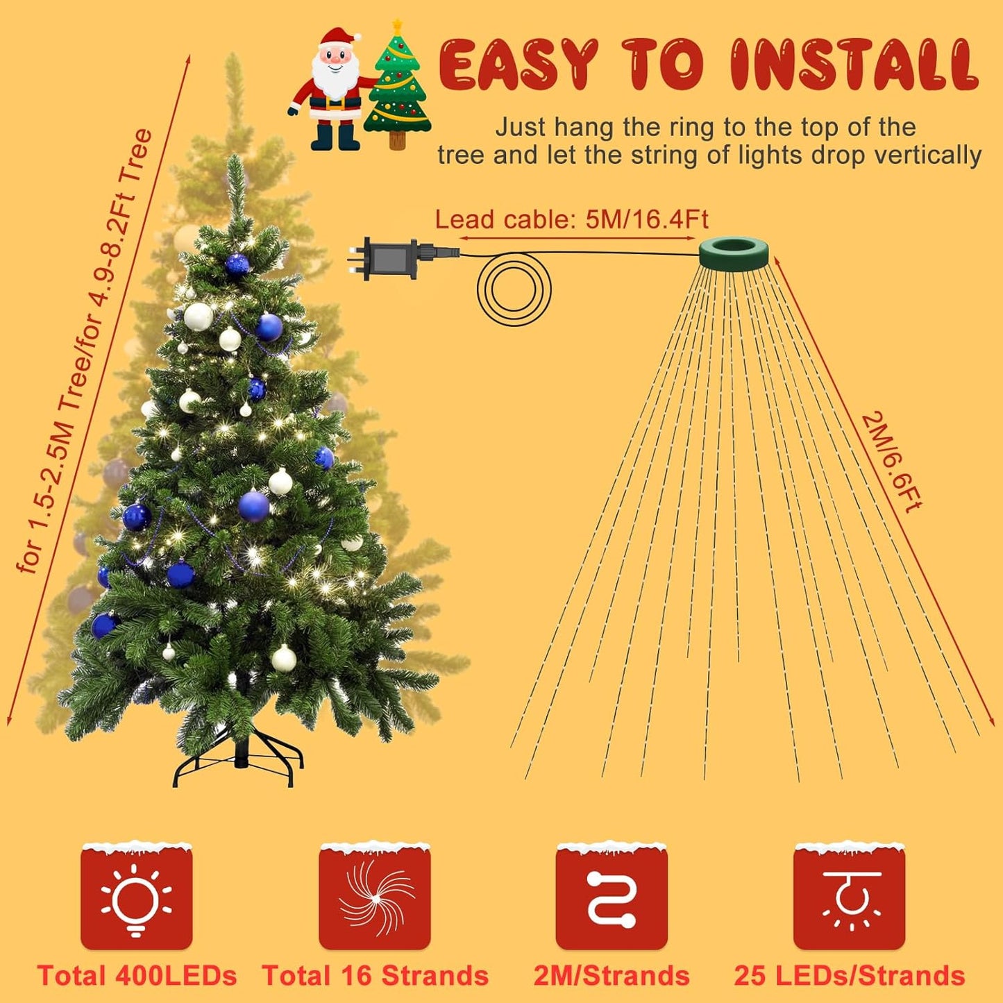 Gcstnn Christmas Tree Lights, 2m*16 Lines 400 LEDs Fairy Lights Mains Powered with 8 Light Modes,Memory & Timing Function,Waterproof for 1.5-2.5M(5-10ft) Christmas Tree Indoor and Outdoor- Cool White
