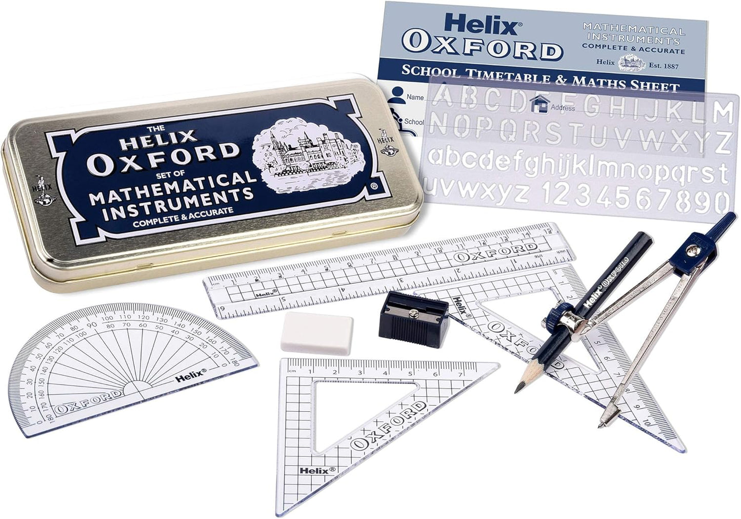 Helix Oxford Maths Set with Storage Tin - 10 Piece Maths Equipment Set