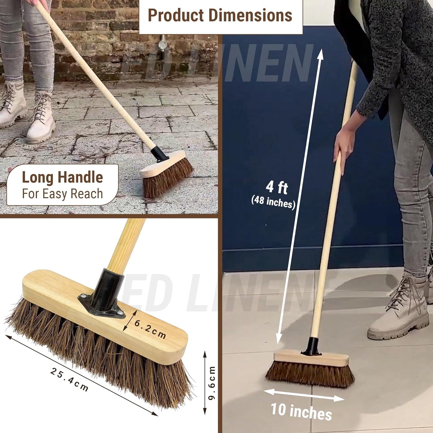 10” Outdoor Garden Broom with Wooden Handle Natural Stiff Bassine Hard Bristle with Durable Support Bracket Yard Brush Heavy Duty Broom Outdoor Cleaning Sweeping (PACK OF 1)
