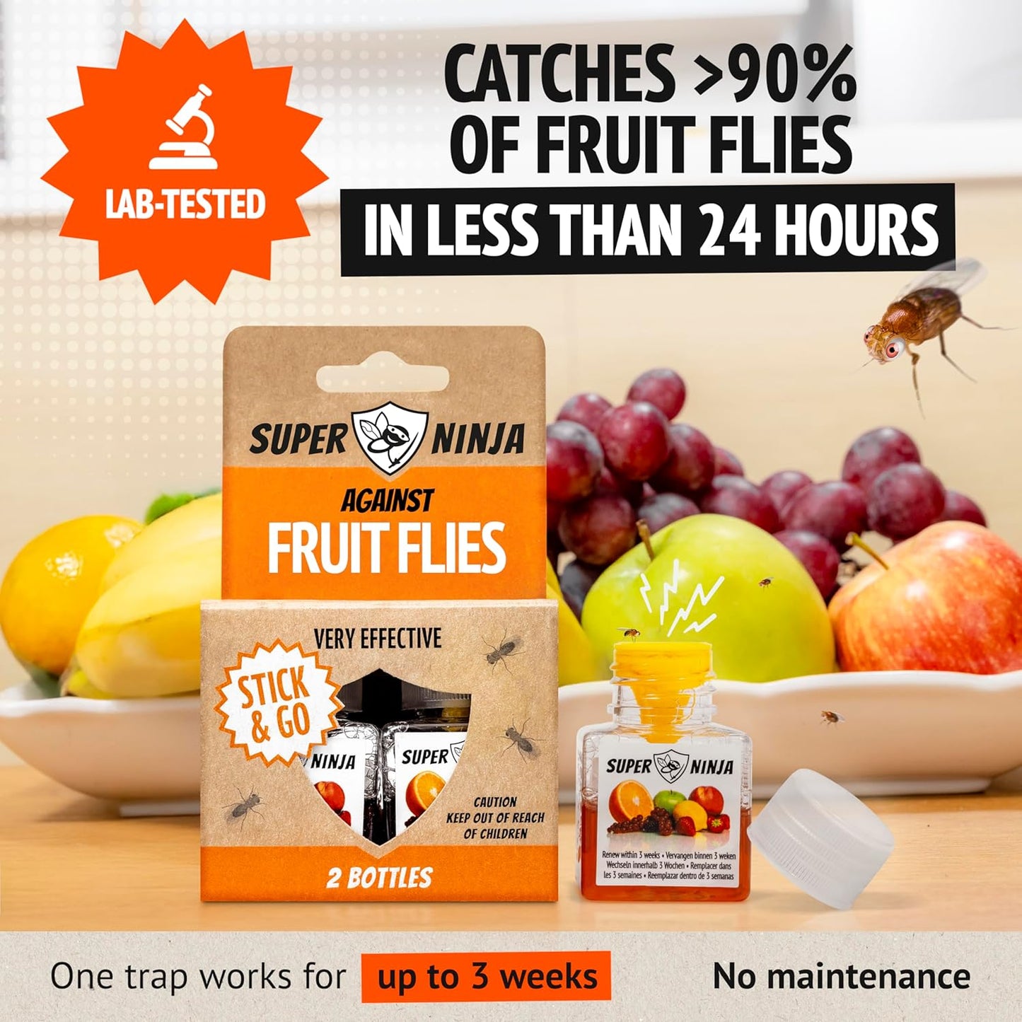 Super Ninja Fruit Fly Trap - 2 pack, Highly Effective Fruit Fly Killer for Home & Kitchen, Up to 3 Weeks of Performance per Bottle, Child & Pet Friendly