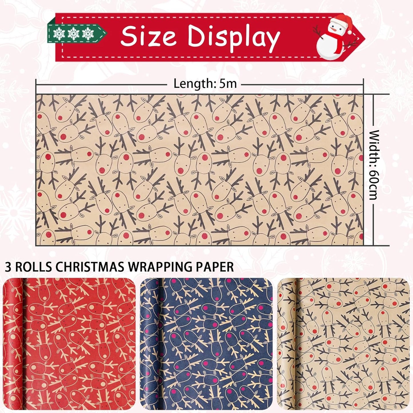 Koncci 3 x 5M Christmas Wrapping Paper, 60cm x 5m Festive Elk Pattern Kraft Gift Wrapping Paper, Recyclable Xmas Wrapper for Christmas, Party, Festive Decorations (Brown Blue Red)