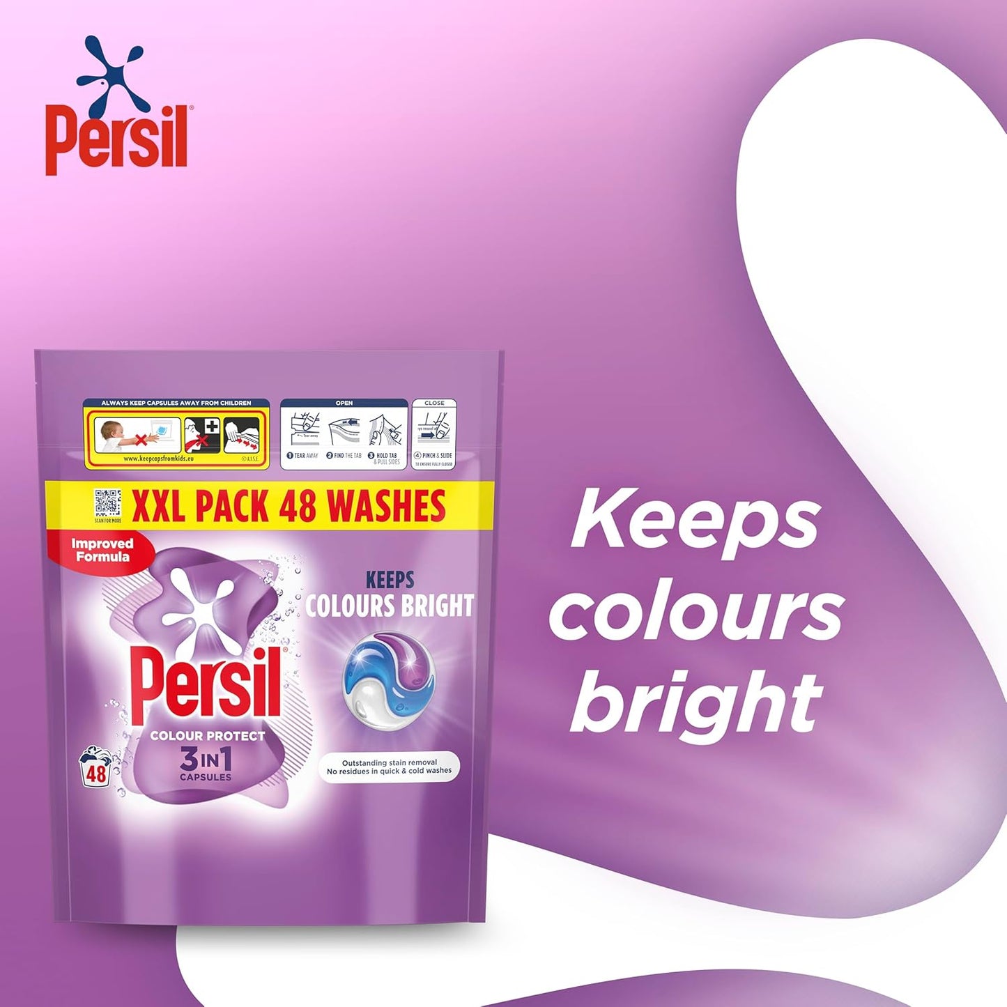 Persil Colour Protect 3 in 1 Washing Capsules keeps colours bright outstanding stain removal in quick & cold washes 48 washes