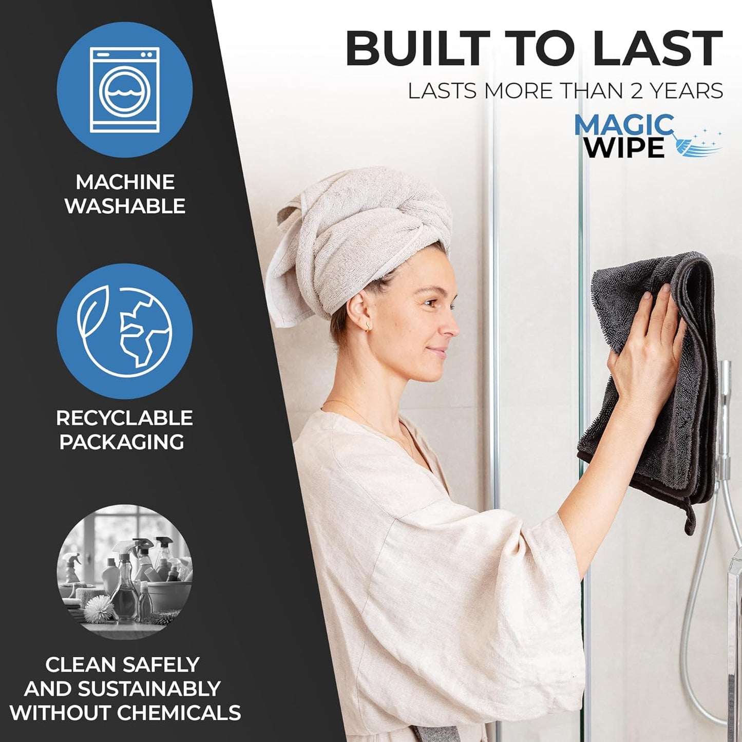 MAGIC WIPE® Bathroom Drying Cloth XXL - 2 Pack 40 x 60 cm Original All Purpose Microfibre Cleaning Cloth - Streak & Lint Free Cloth, Premium Quality Drying Towel for Bathrooms, Kitchen, Mirrors, Car