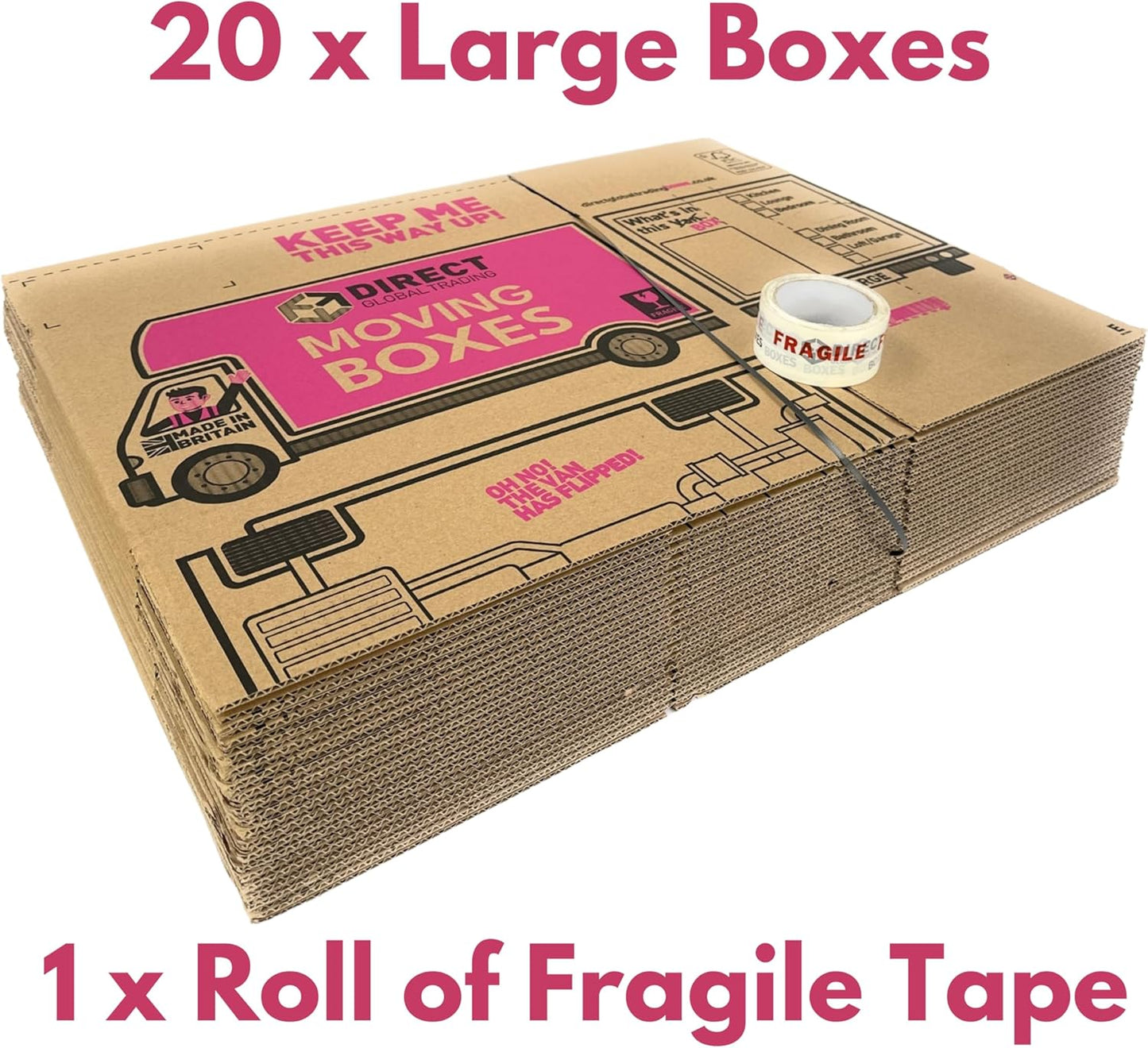 20 Strong Large Cardboard Storage Packing Moving House Boxes with Fragile Tape 52cm x 30cm x 30cm 47 Litres Carry Handles and Room List